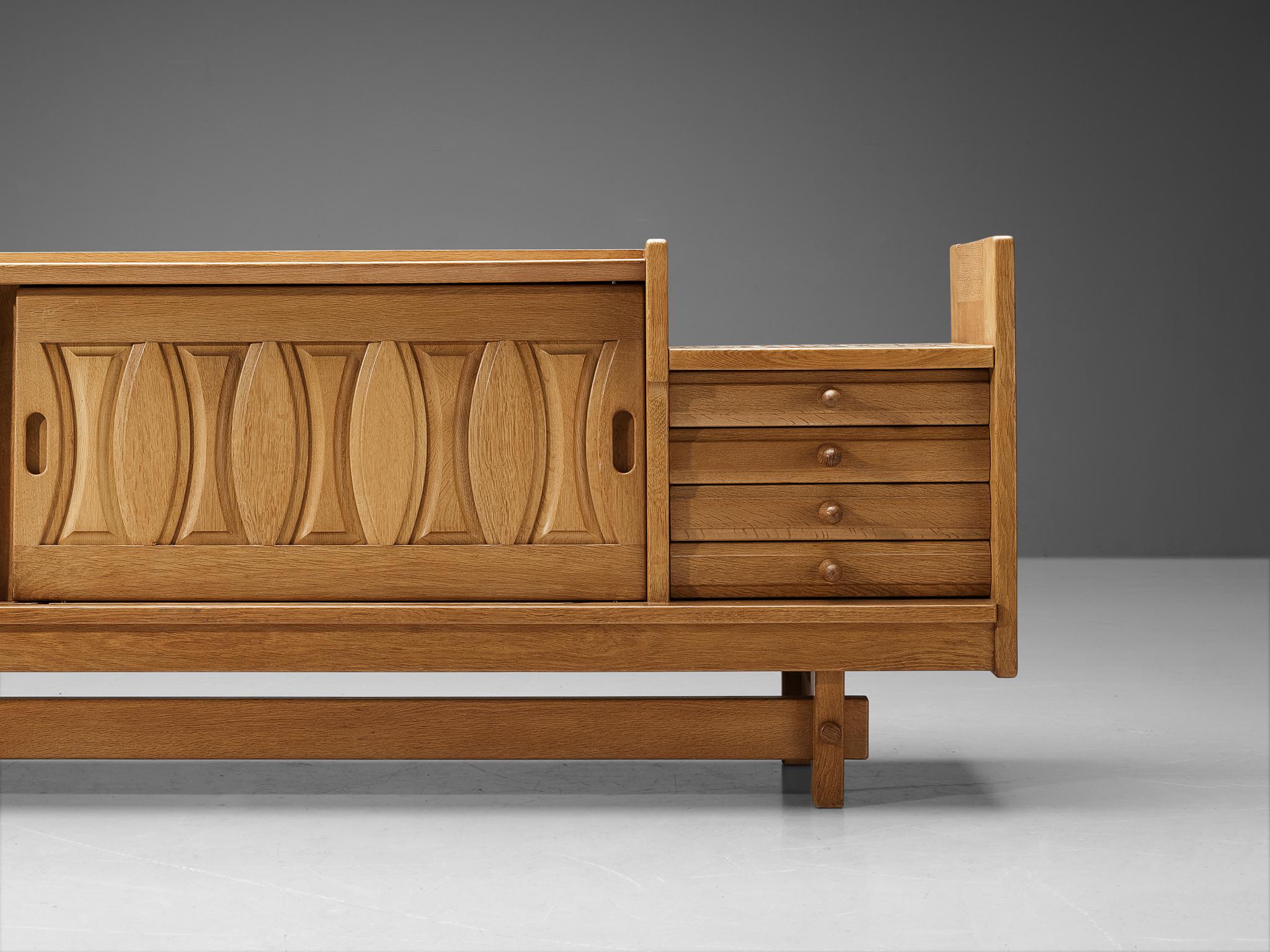 Mid-20th Century Guillerme & Chambron 'Simon' Sideboard in Solid Oak and Ceramics  For Sale
