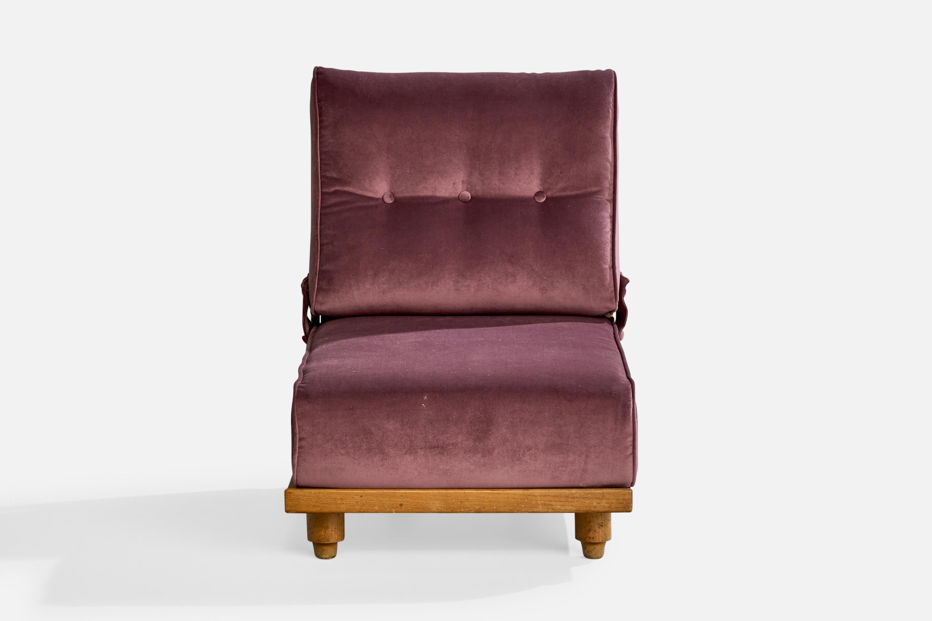 Mid-Century Modern Guillerme & Chambron, Slipper Chair, Velvet, Oak, France, 1950s For Sale