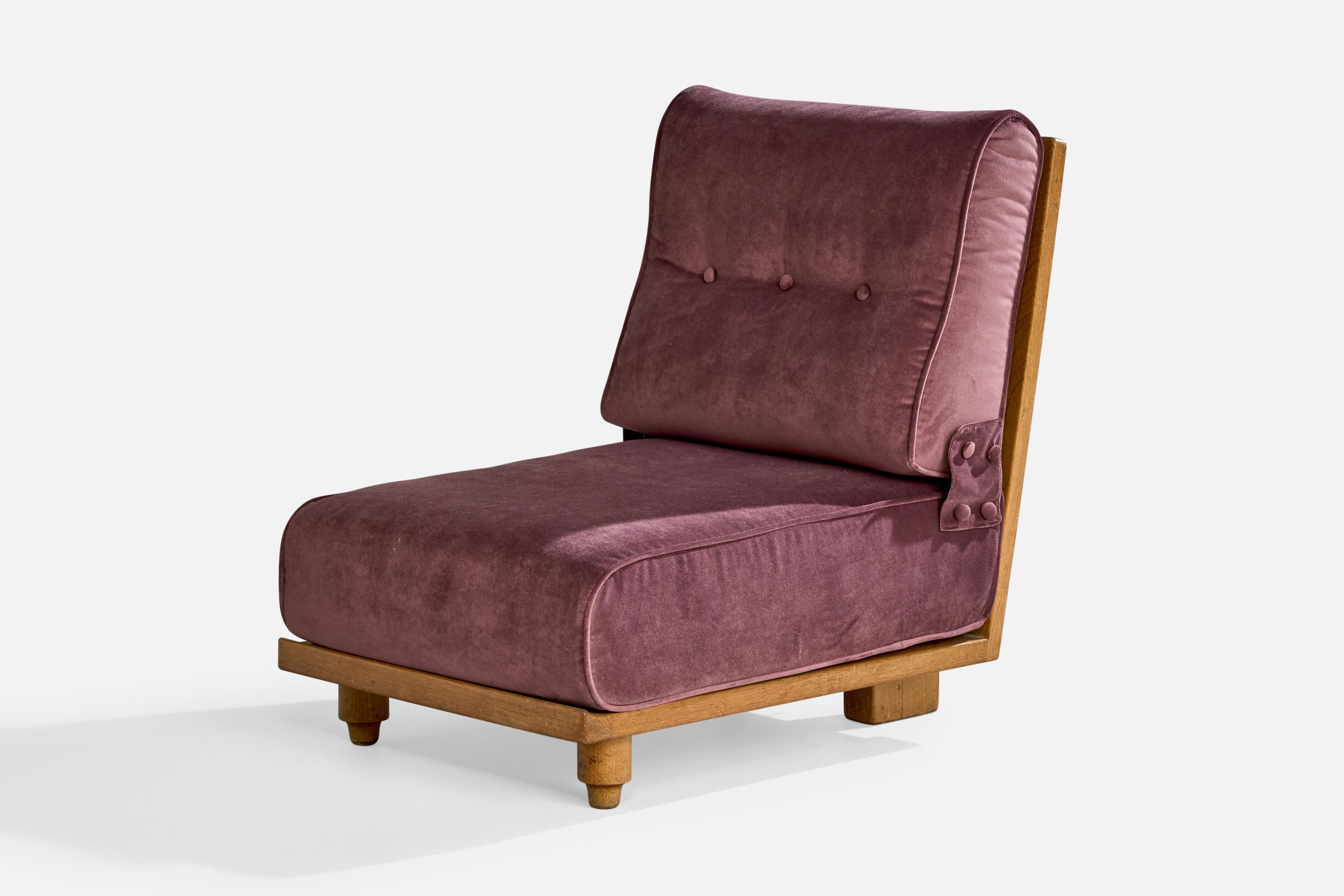 French Guillerme & Chambron, Slipper Chair, Velvet, Oak, France, 1950s For Sale