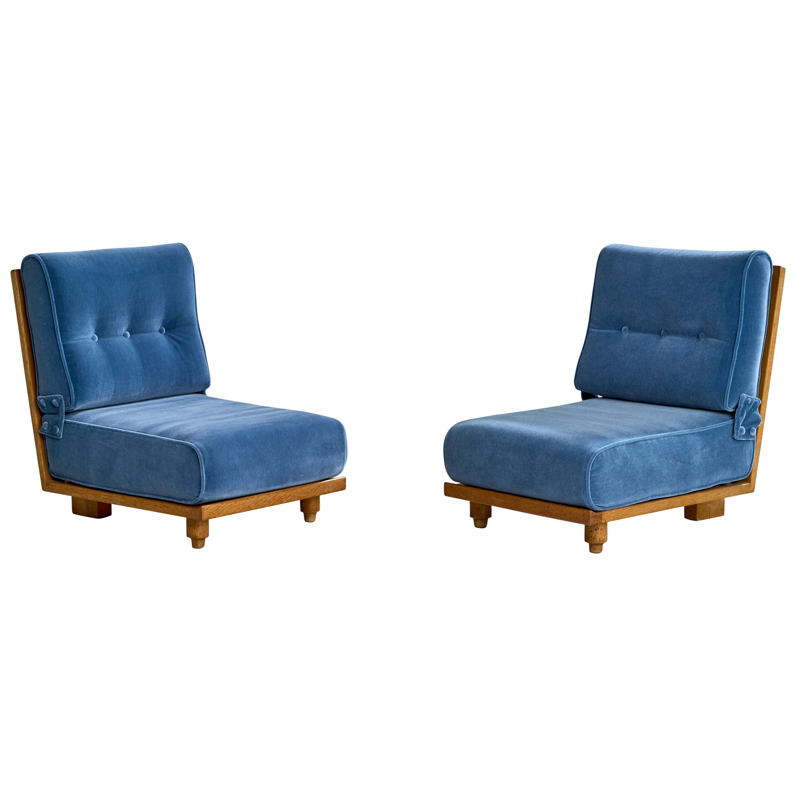 Guillerme 
Chambron, Slipper Chairs, Mohair, Oak, France, 1950s