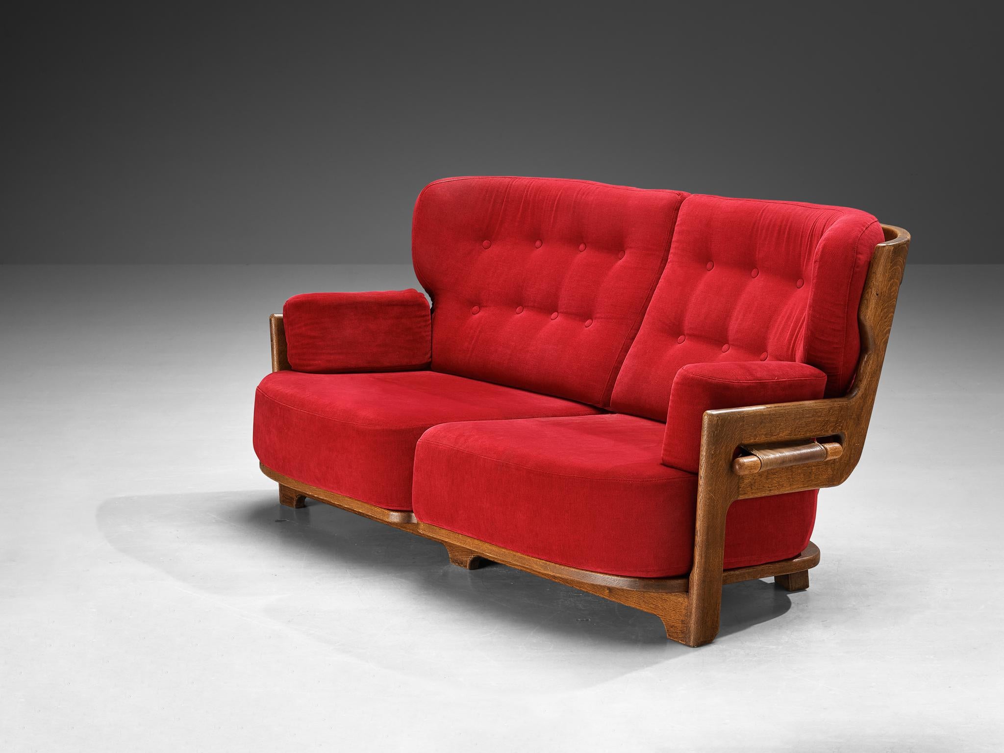Mid-Century Modern Guillerme & Chambron Sofa 'Denis' in Solid Oak and Red Pink Velvet  For Sale