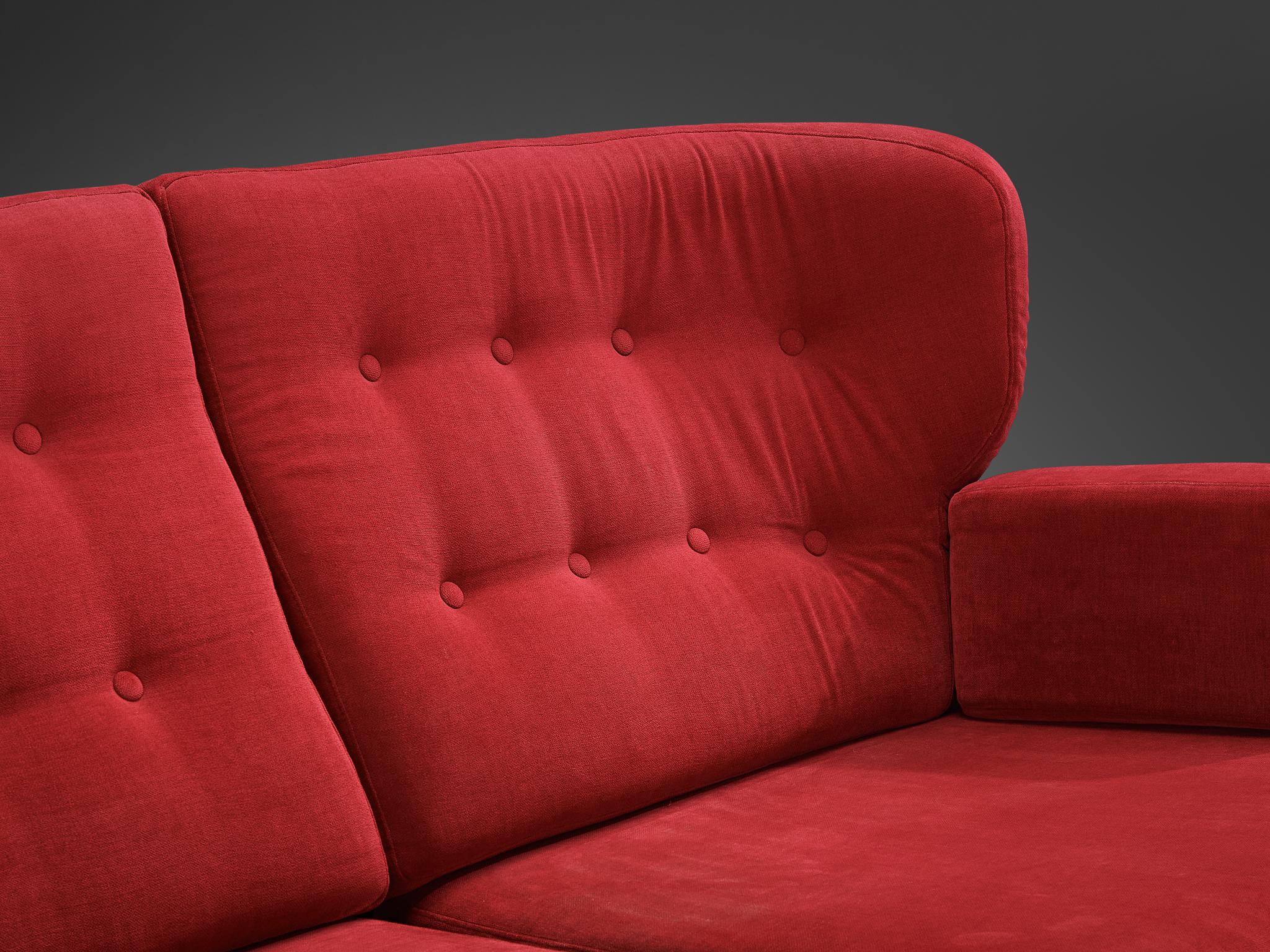 Guillerme & Chambron Sofa 'Denis' in Solid Oak and Red Pink Velvet  For Sale 1