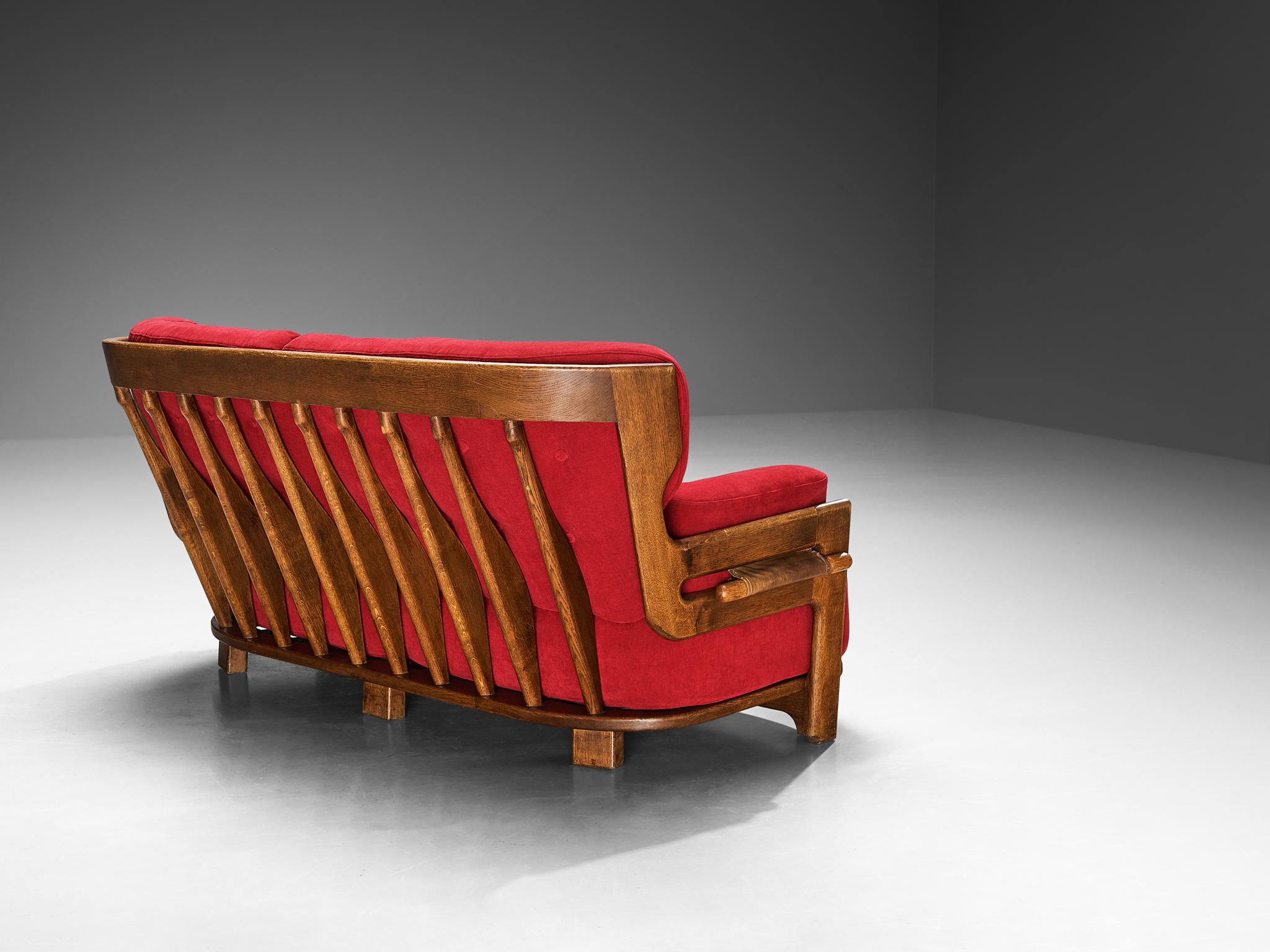 Guillerme & Chambron Sofa 'Denis' in Solid Oak and Red Pink Velvet  For Sale 3