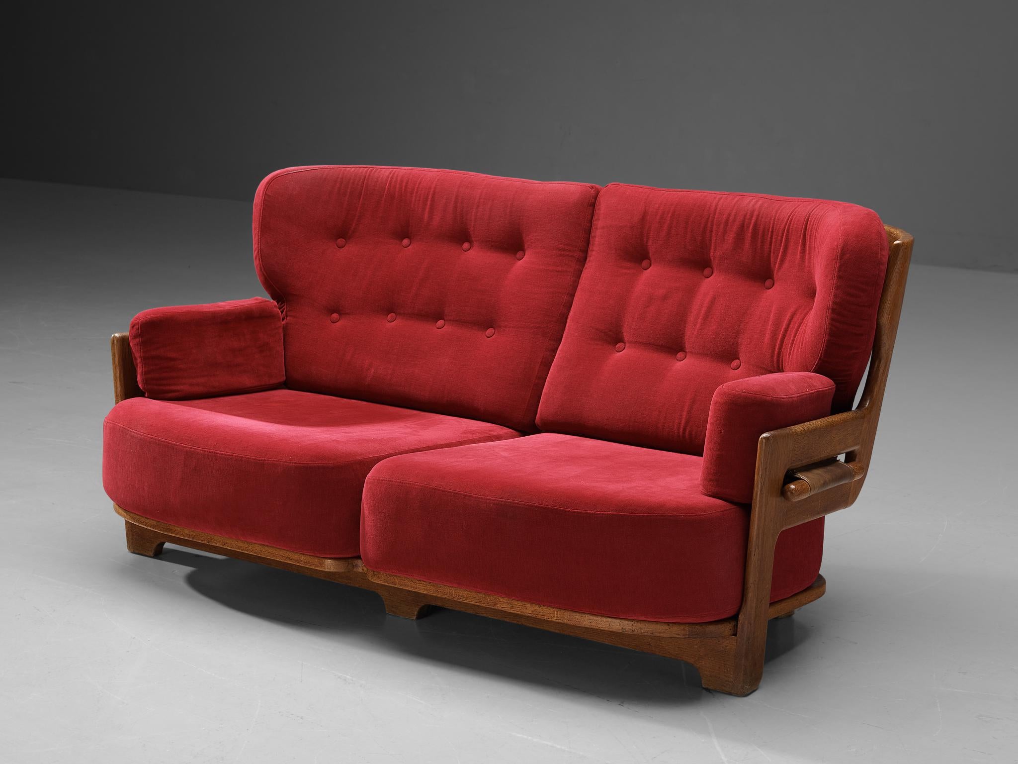 Mid-Century Modern Guillerme & Chambron Sofa 'Denis' in Solid Oak and Red Velvet