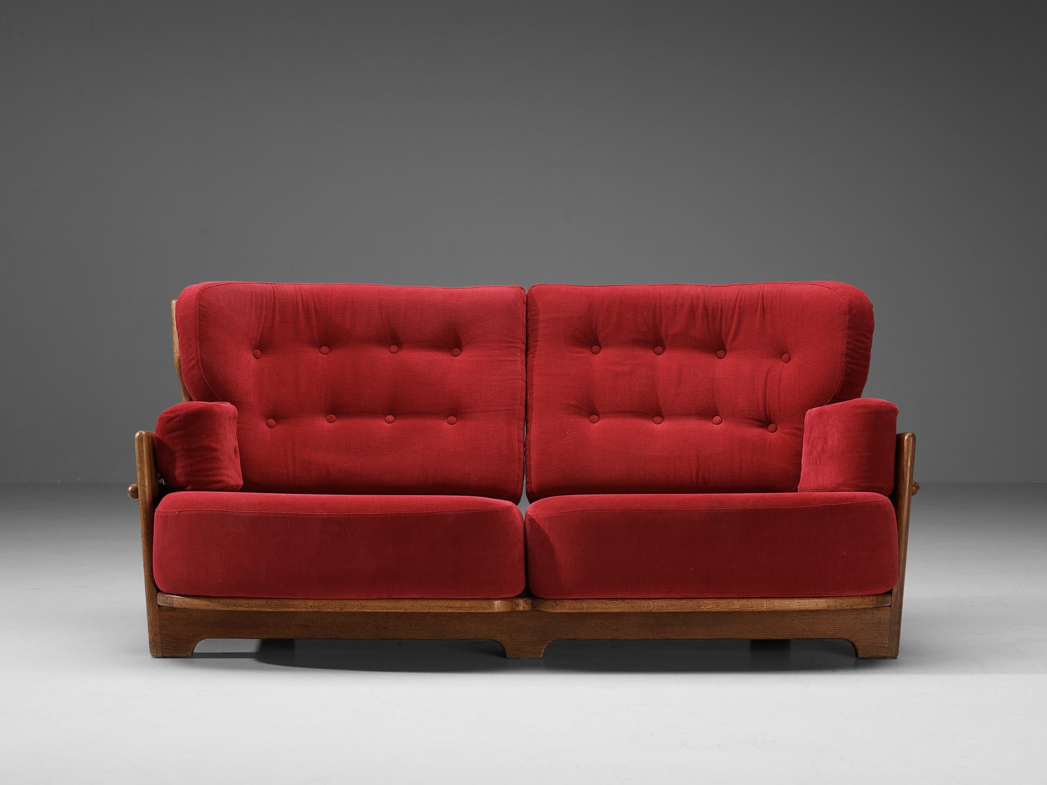 French Guillerme & Chambron Sofa 'Denis' in Solid Oak and Red Velvet For Sale