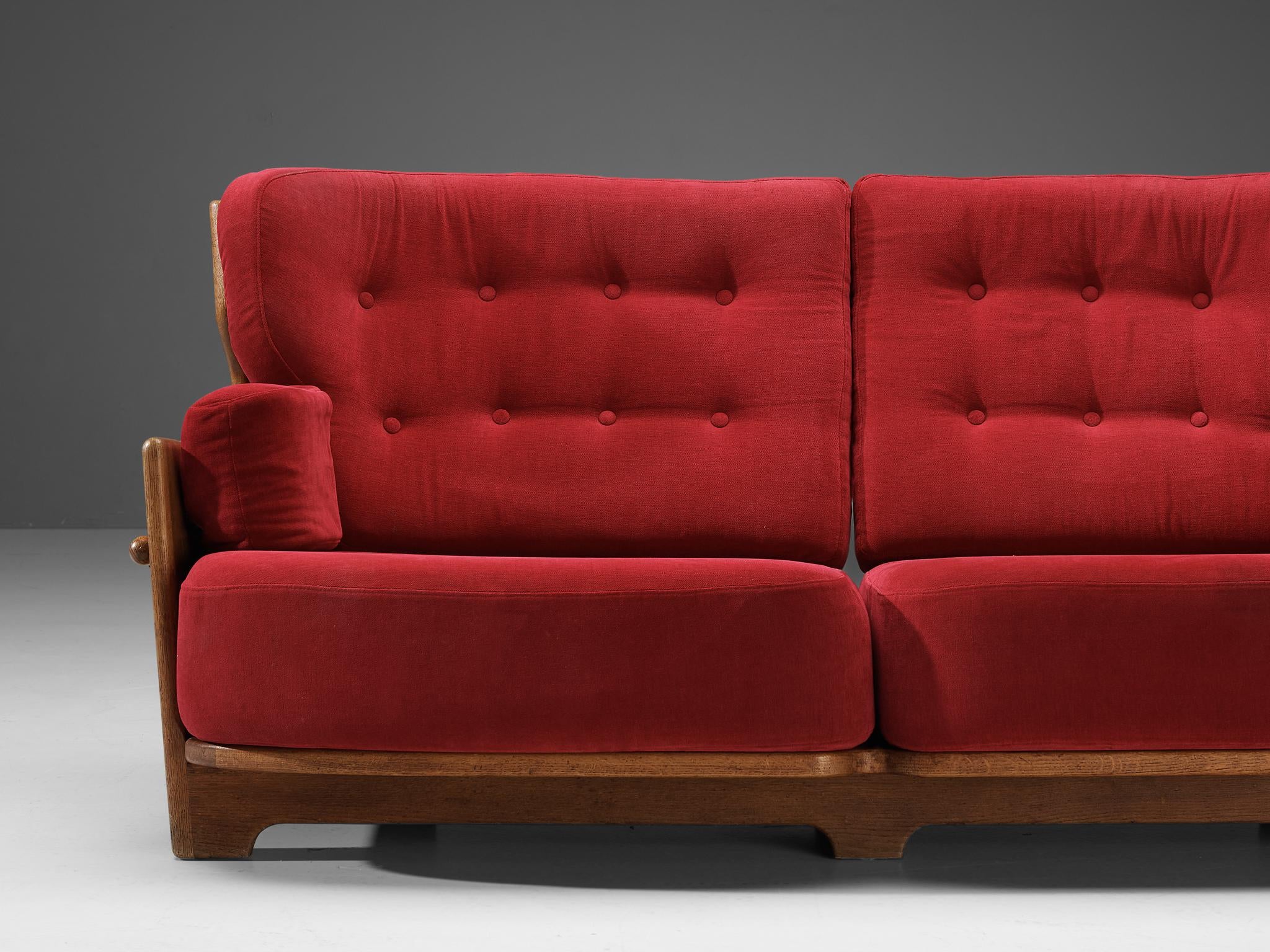 French Guillerme & Chambron Sofa 'Denis' in Solid Oak and Red Velvet For Sale