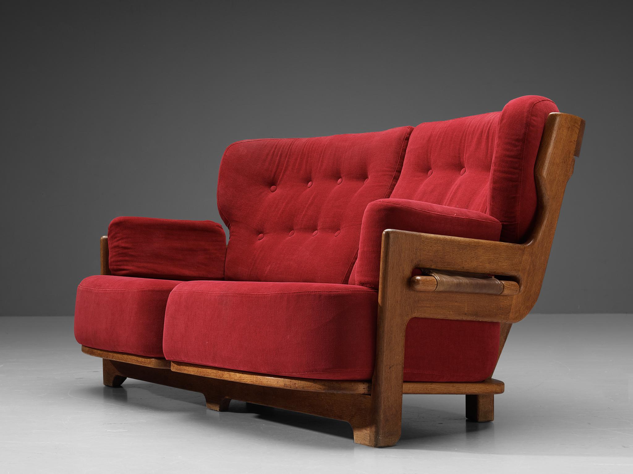 Leather Guillerme & Chambron Sofa 'Denis' in Solid Oak and Red Velvet For Sale