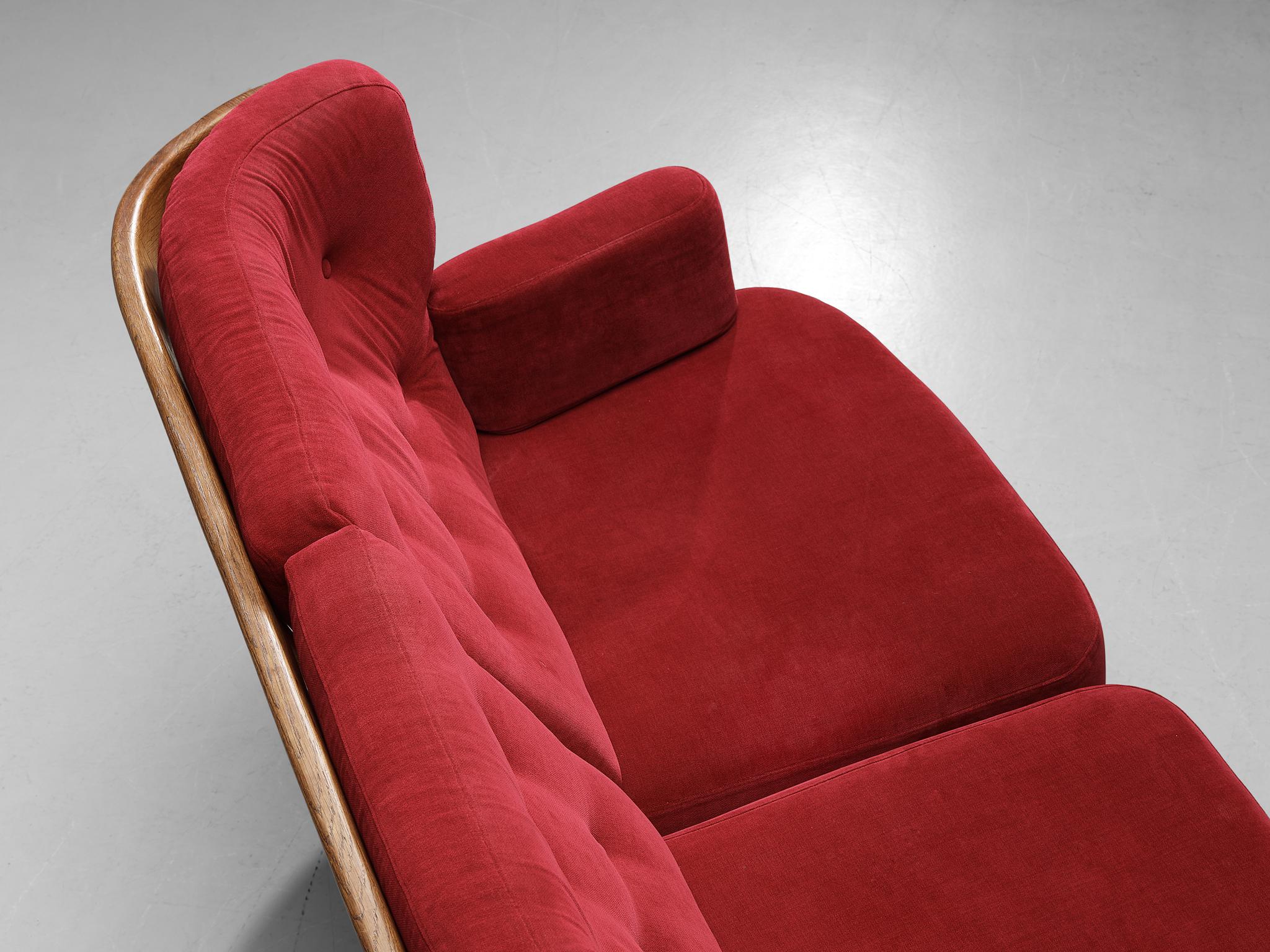 Guillerme & Chambron Sofa 'Denis' in Solid Oak and Red Velvet For Sale 1