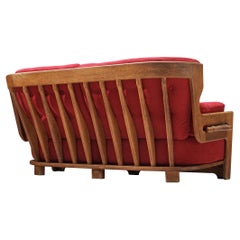Vintage Guillerme & Chambron Sofa 'Denis' in Solid Oak and Red Velvet