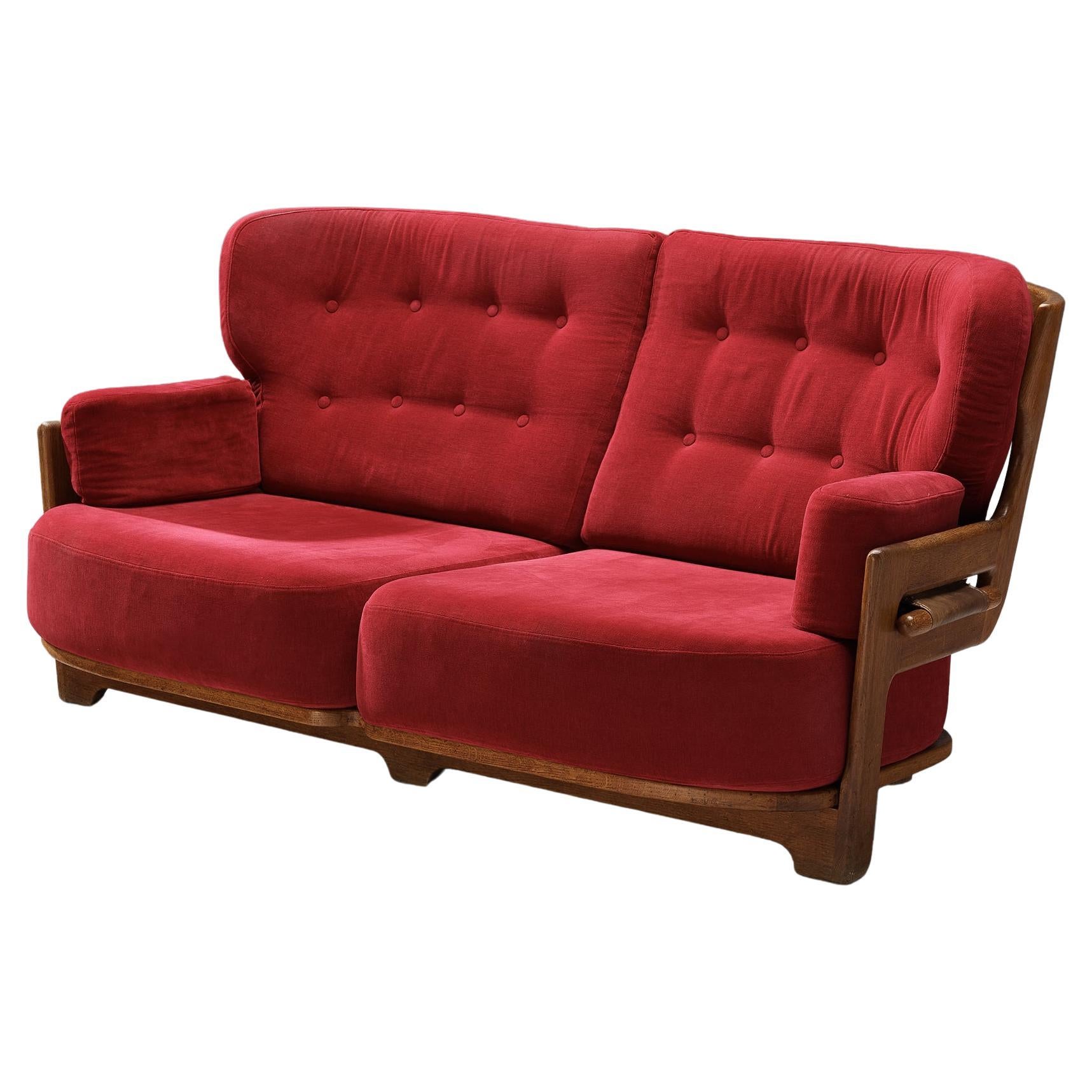 Guillerme & Chambron Sofa 'Denis' in Solid Oak and Red Velvet For Sale