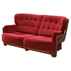 Used Guillerme & Chambron Sofa 'Denis' in Solid Oak and Red Velvet