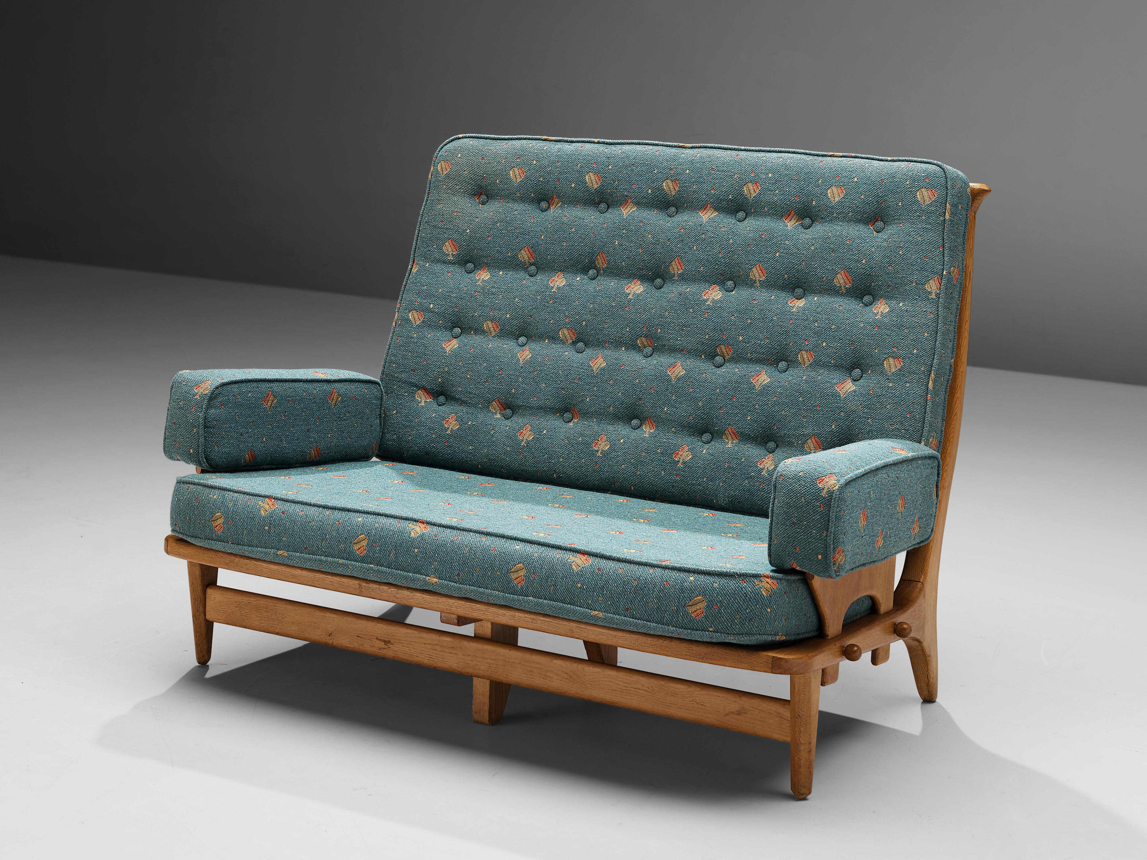 Guillerme & Chambron, sofa, oak, fabric, France, 1960s

Beautiful two-seat settee by Guillerme & Chambron, in solid oak. The back of the seat has been beautifully finished with wooden slats which adds an original and interesting character to the