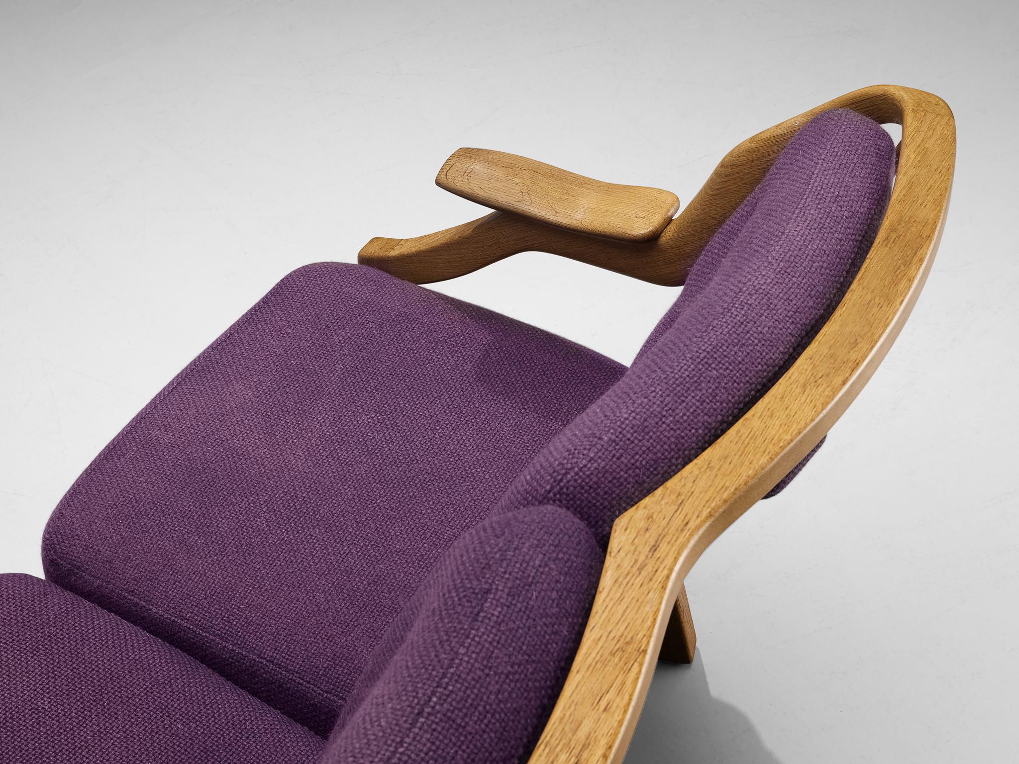 Mid-Century Modern Guillerme & Chambron Sofa in Oak and Purple Upholstery For Sale