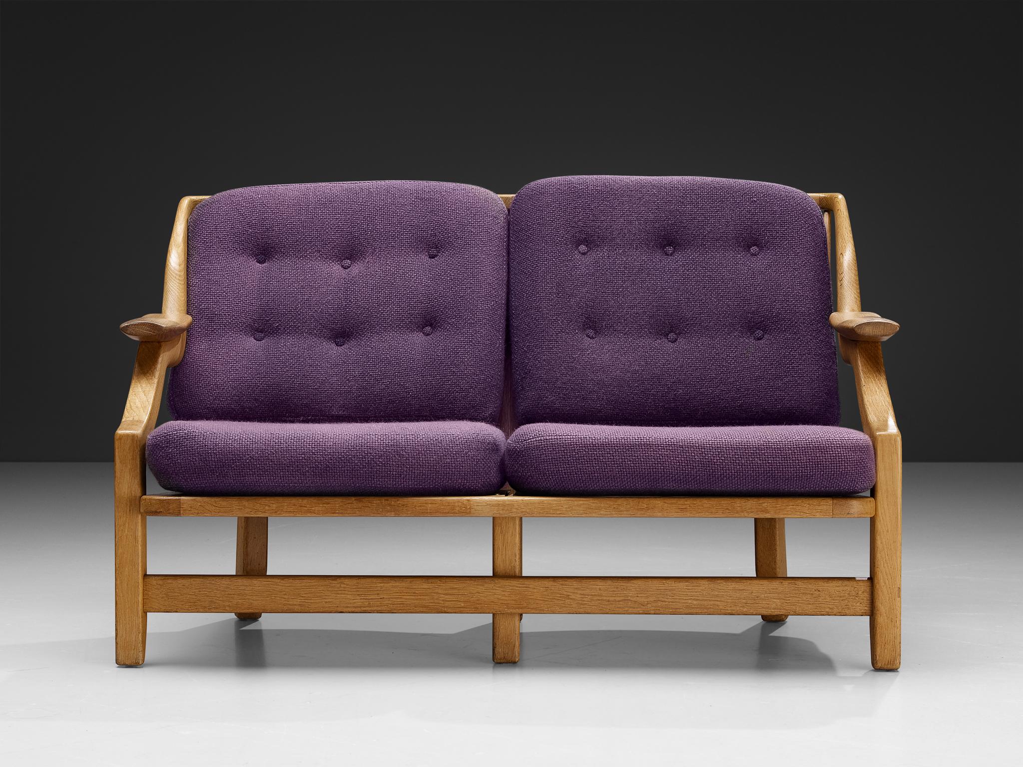 French Guillerme & Chambron Sofa in Oak and Purple Upholstery For Sale