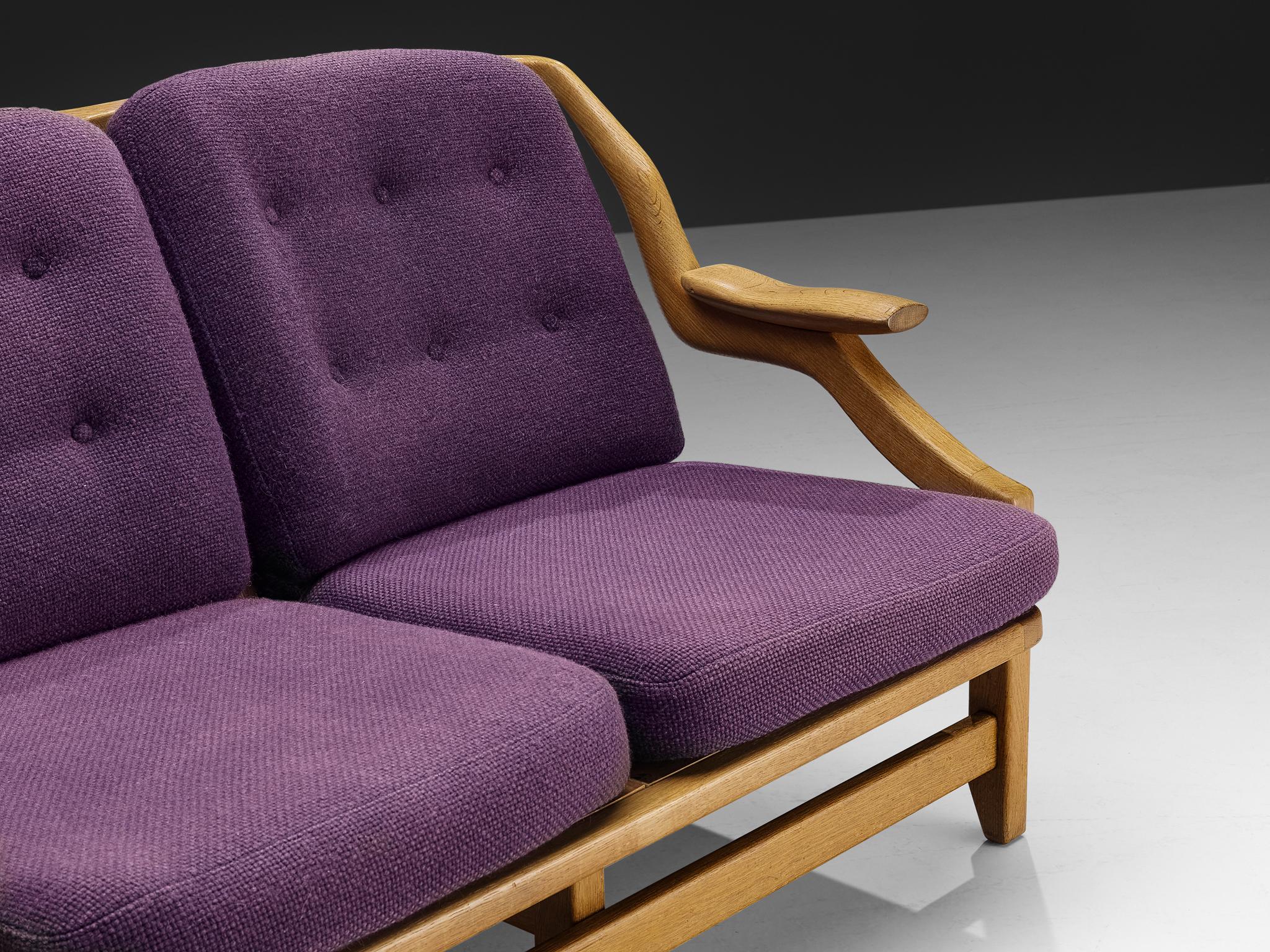 Guillerme & Chambron Sofa in Oak and Purple Upholstery In Good Condition For Sale In Waalwijk, NL