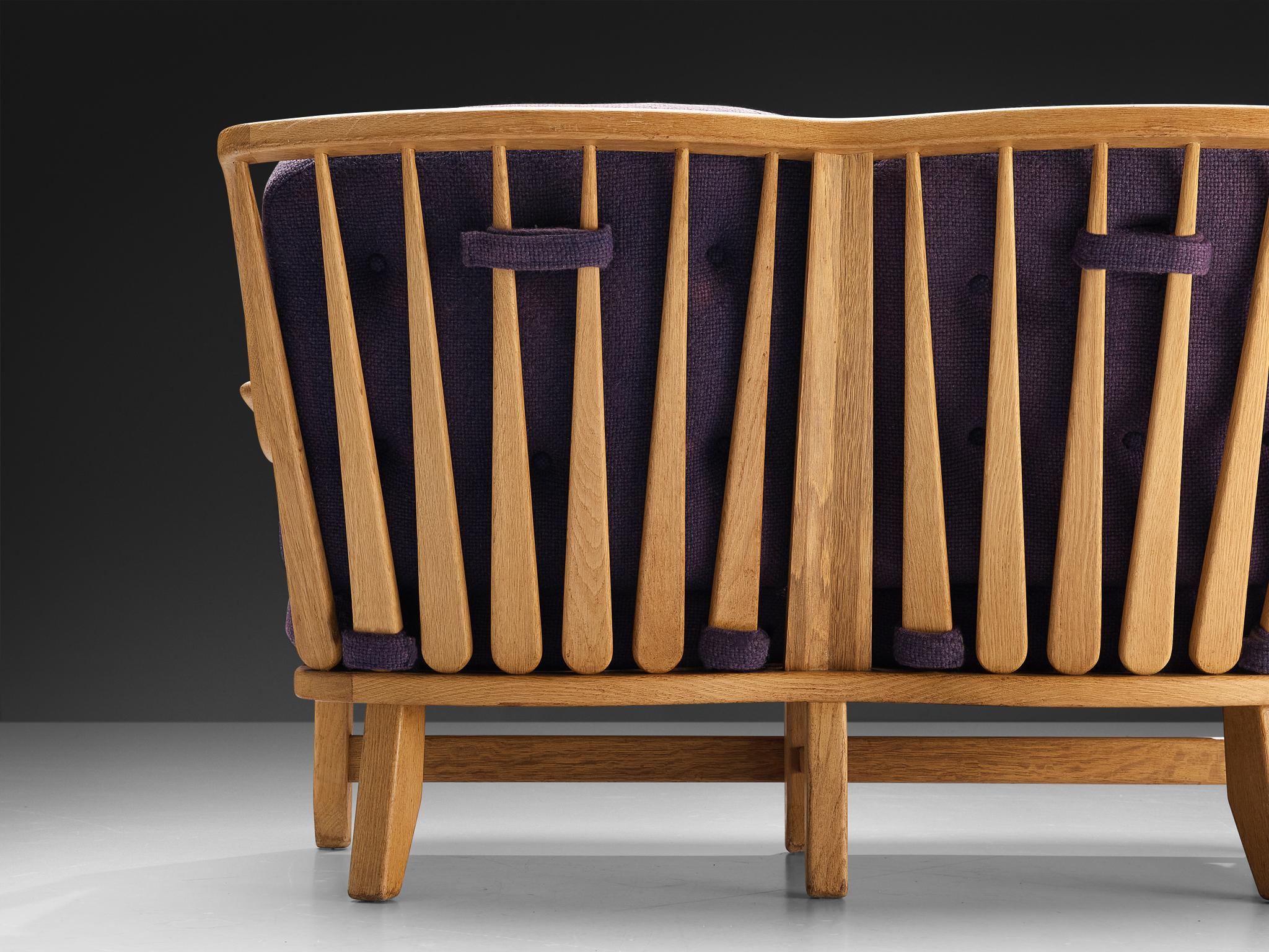 Mid-20th Century Guillerme & Chambron Sofa in Oak and Purple Upholstery For Sale
