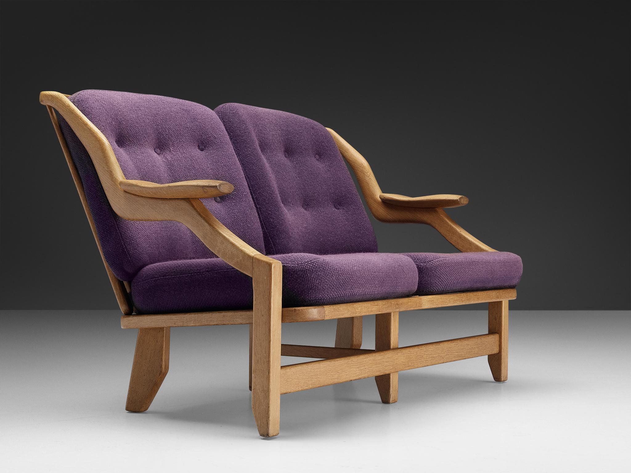 Fabric Guillerme & Chambron Sofa in Oak and Purple Upholstery For Sale