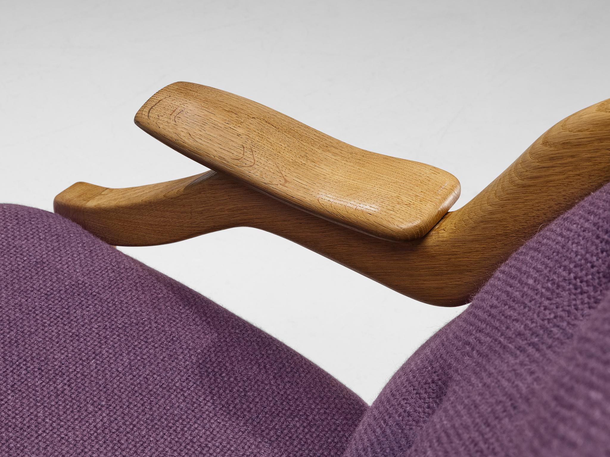 Guillerme & Chambron Sofa in Oak and Purple Upholstery For Sale 1