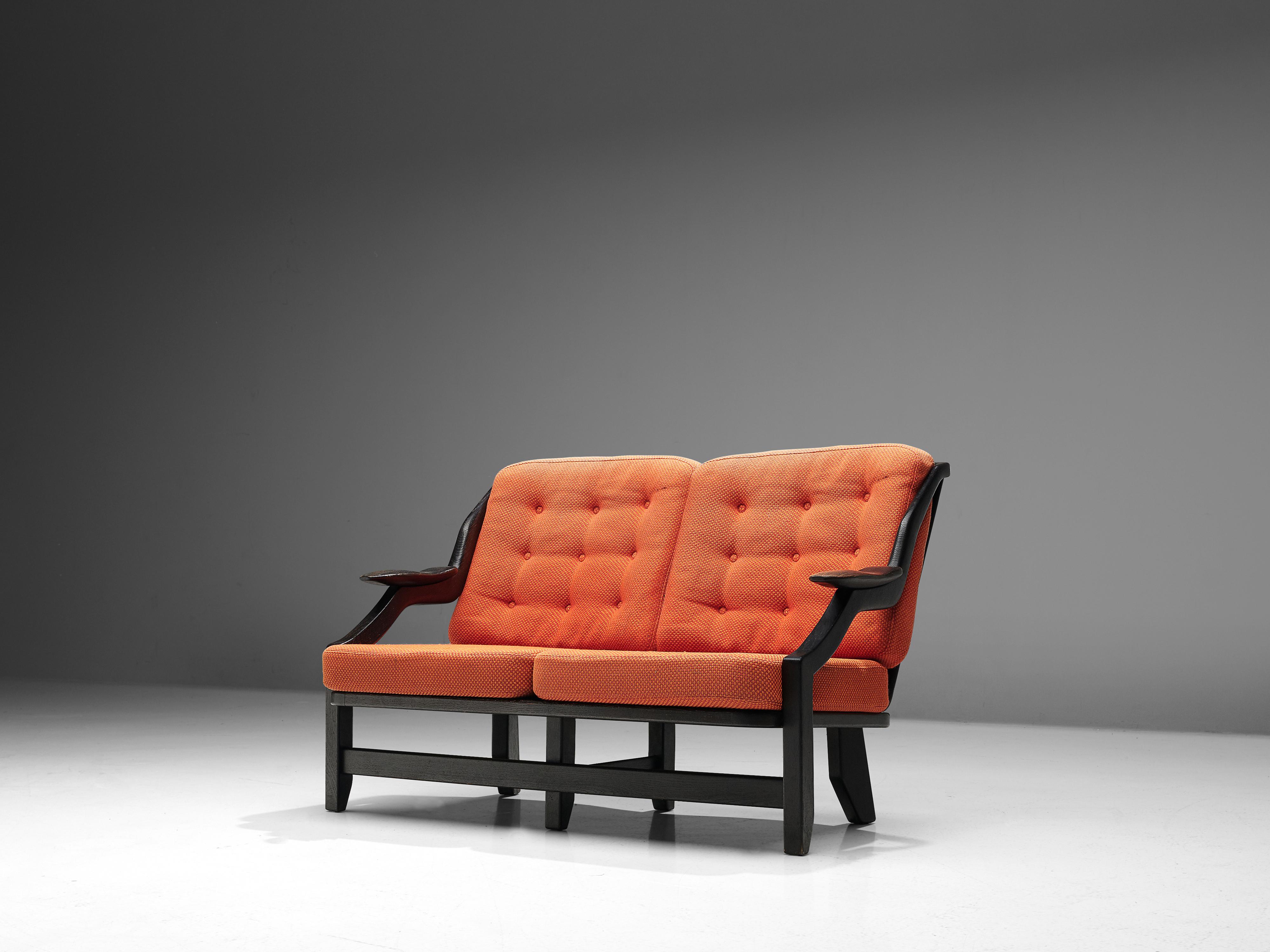 French Guillerme & Chambron 'Gregoire' Sofa in Oak and Orange Red Upholstery For Sale