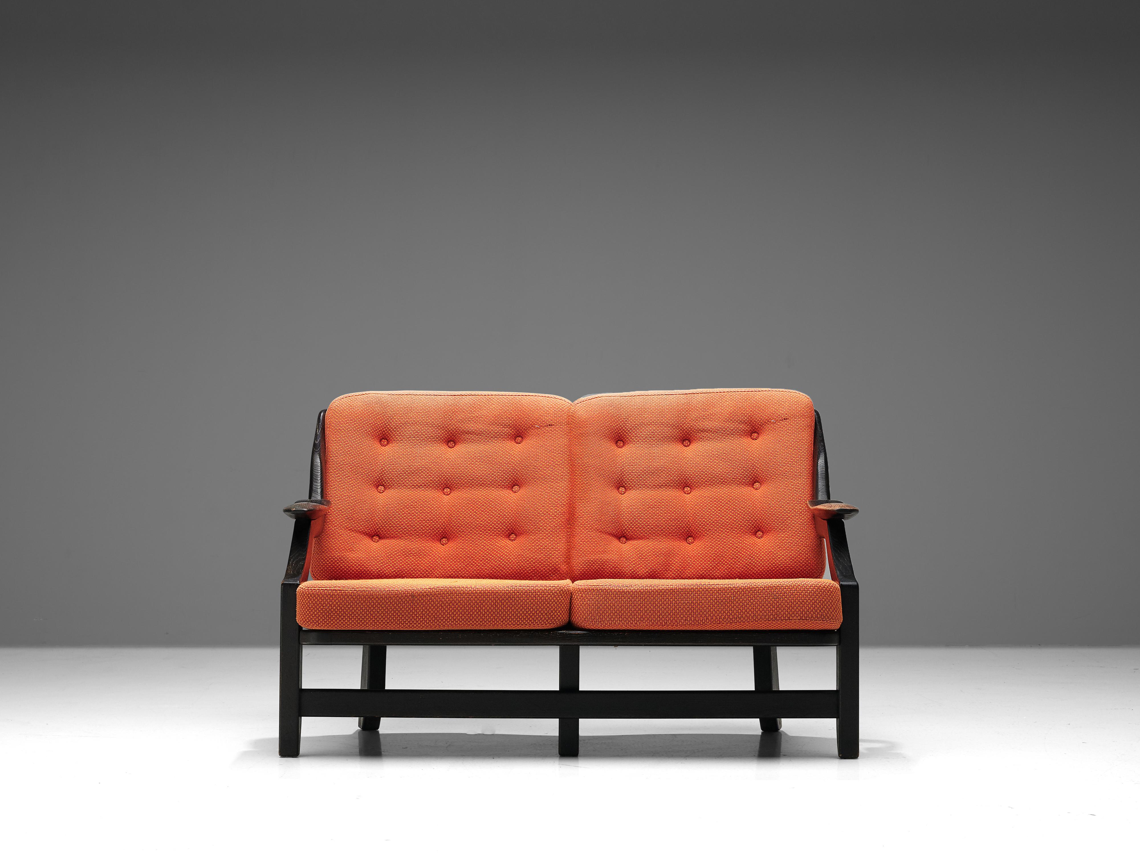 Guillerme & Chambron 'Gregoire' Sofa in Oak and Orange Red Upholstery For Sale 1