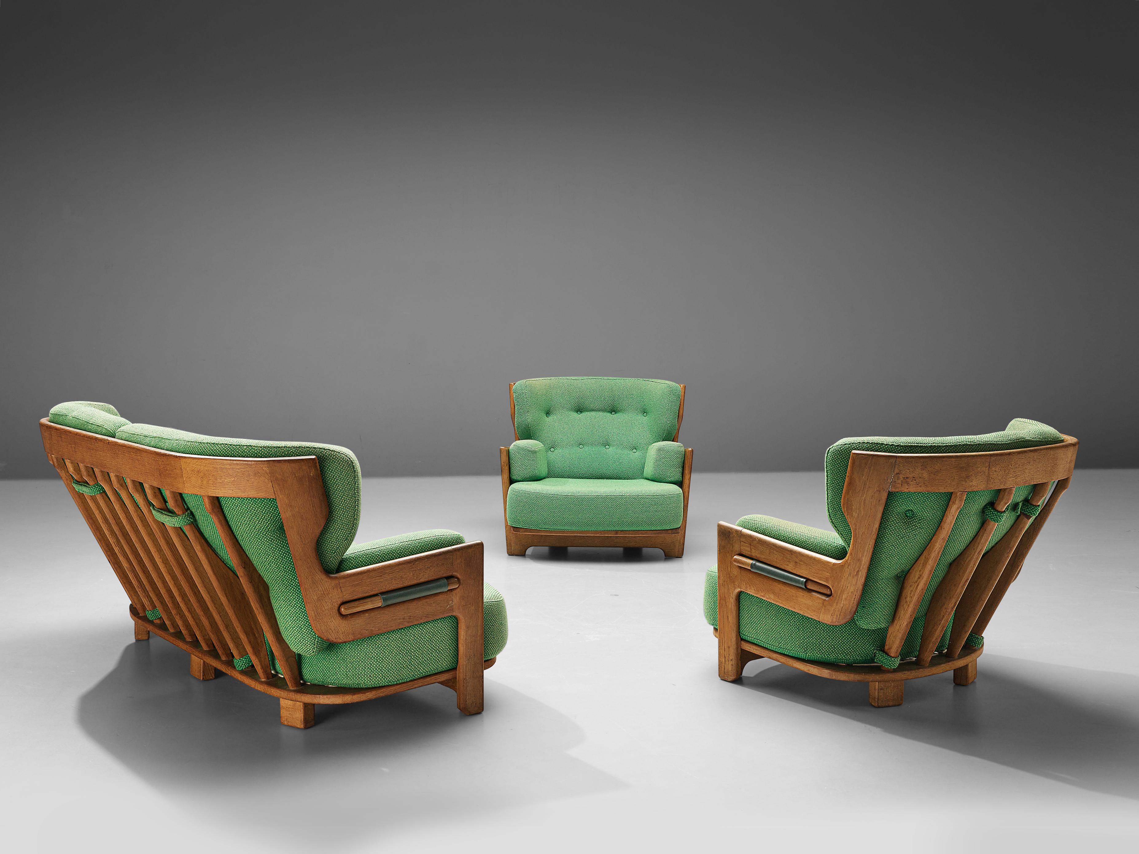 Guillerme & Chambron Sofa Model 'Denis' in Solid Oak in Green Upholstery 3