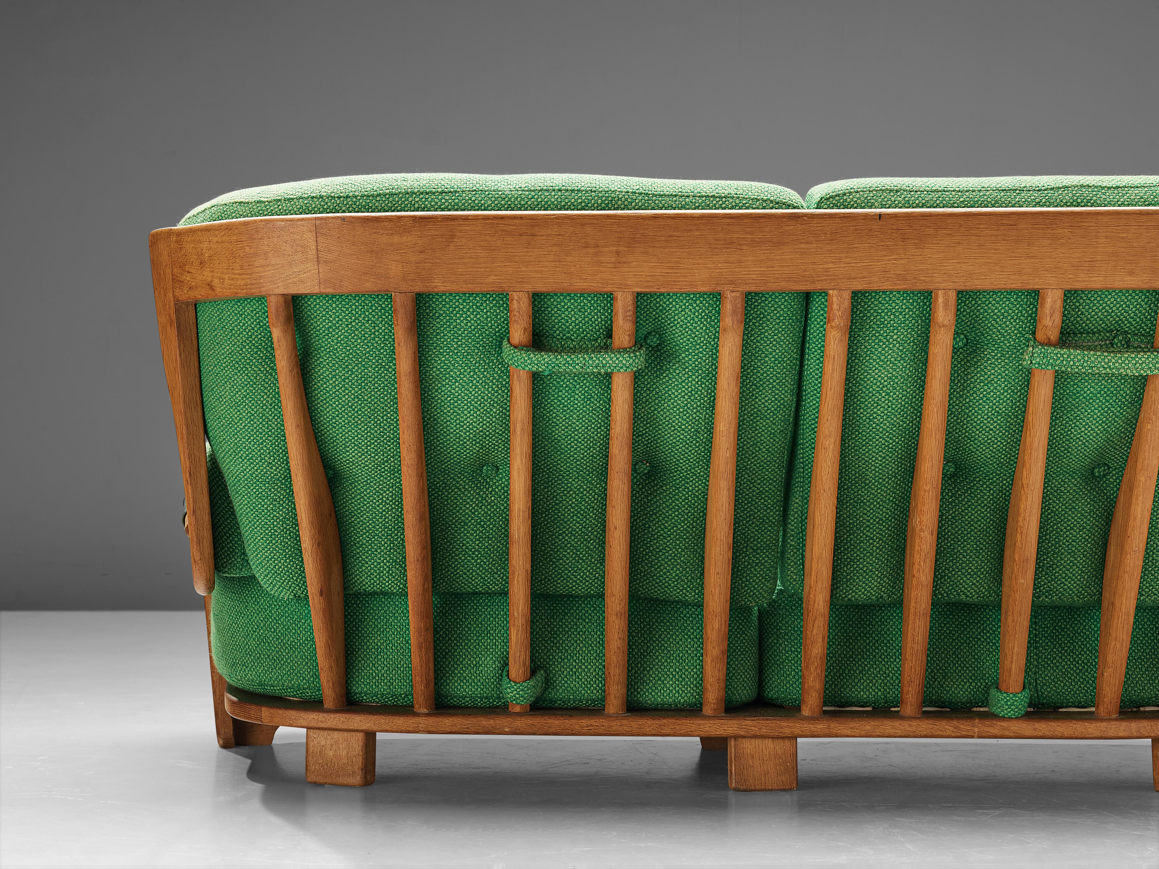 French Guillerme & Chambron Sofa Model 'Denis' in Solid Oak in Green Upholstery