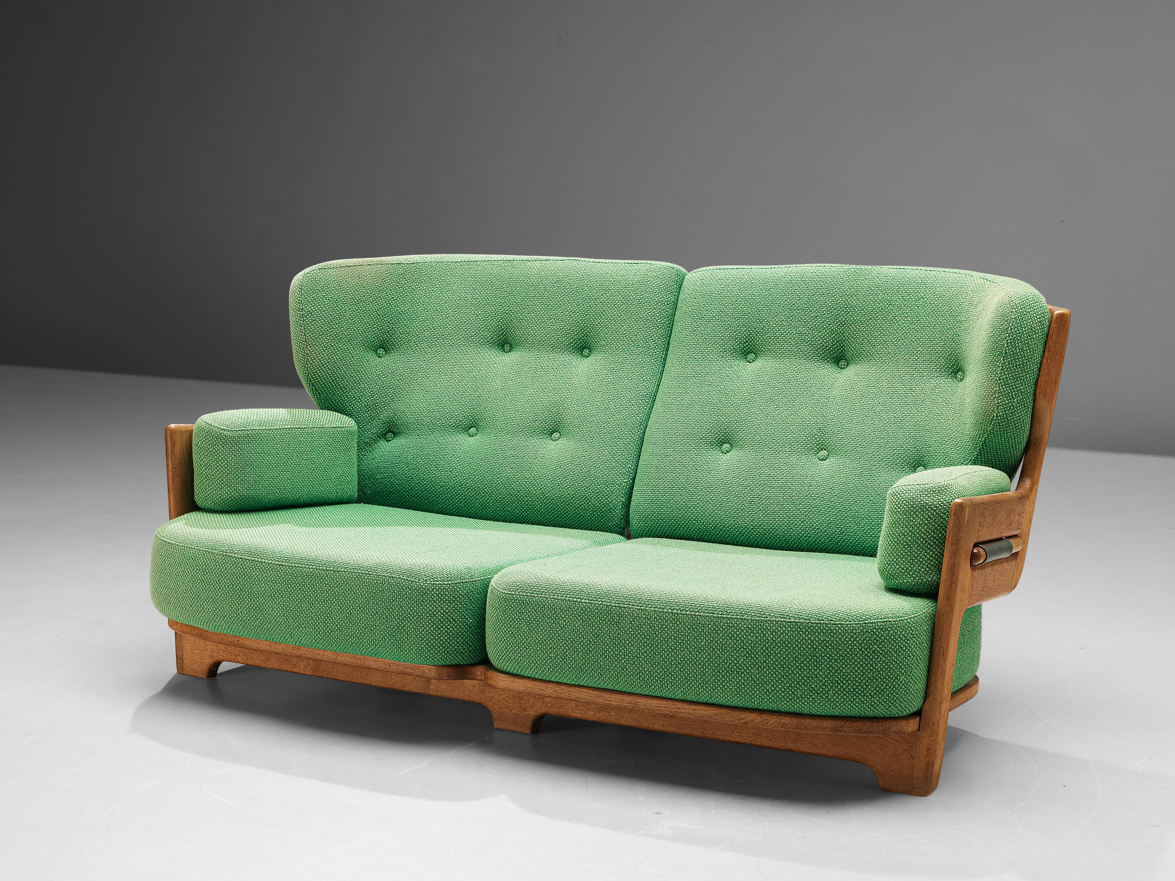 Guillerme & Chambron Sofa Model 'Denis' in Solid Oak in Green Upholstery In Good Condition In Waalwijk, NL