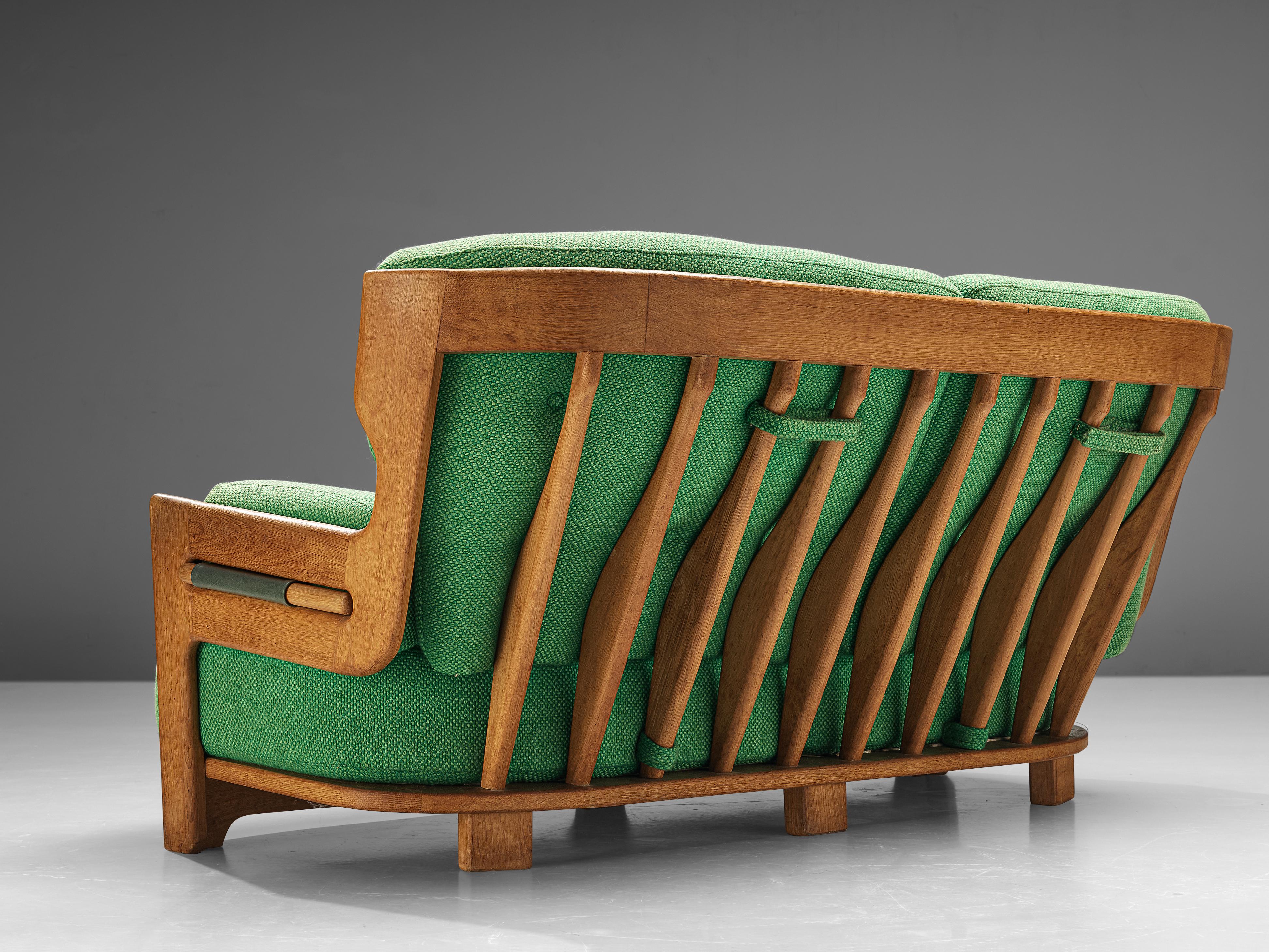 Guillerme & Chambron Sofa Model 'Denis' in Solid Oak in Green Upholstery 1