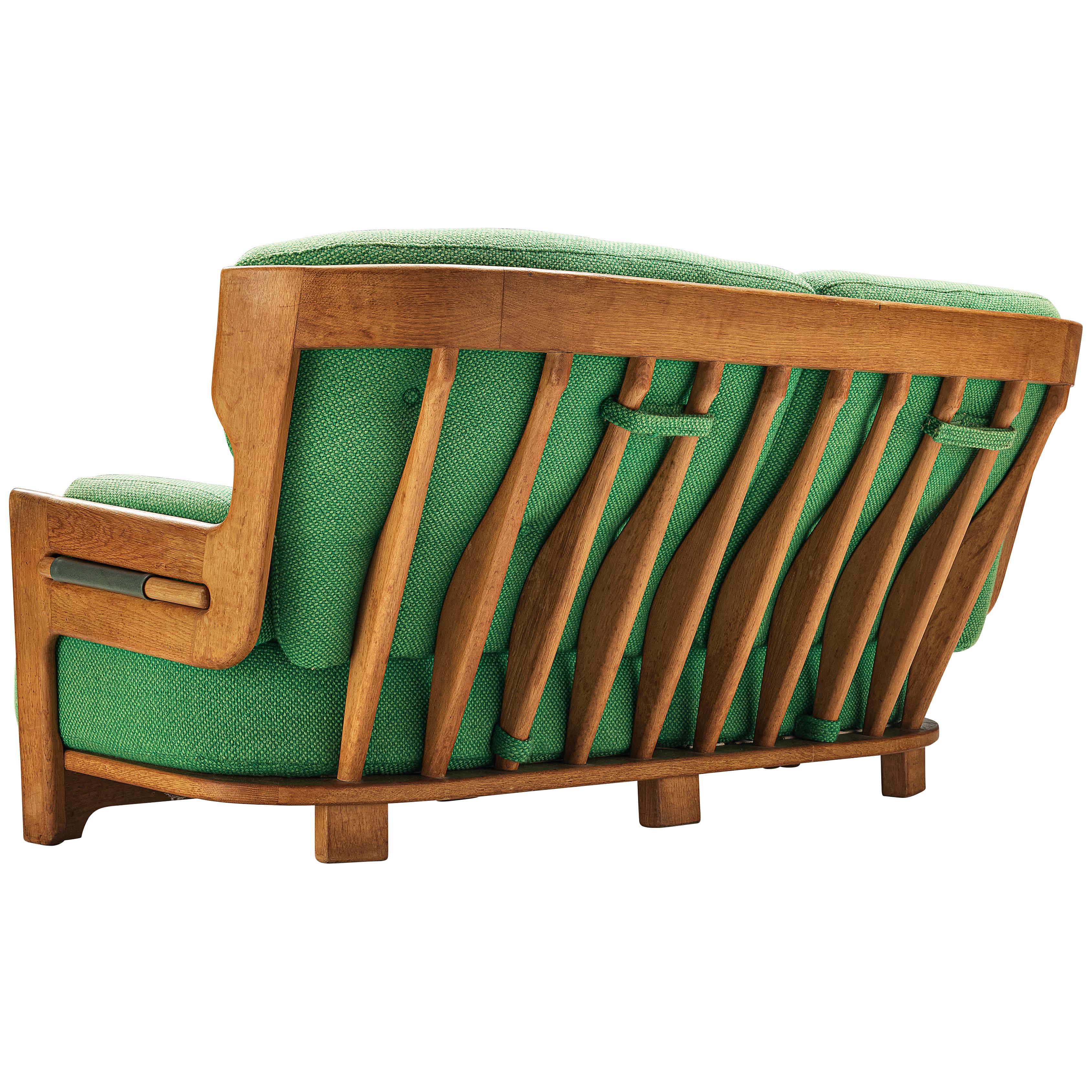 Guillerme & Chambron Sofa Model 'Denis' in Solid Oak in Green Upholstery