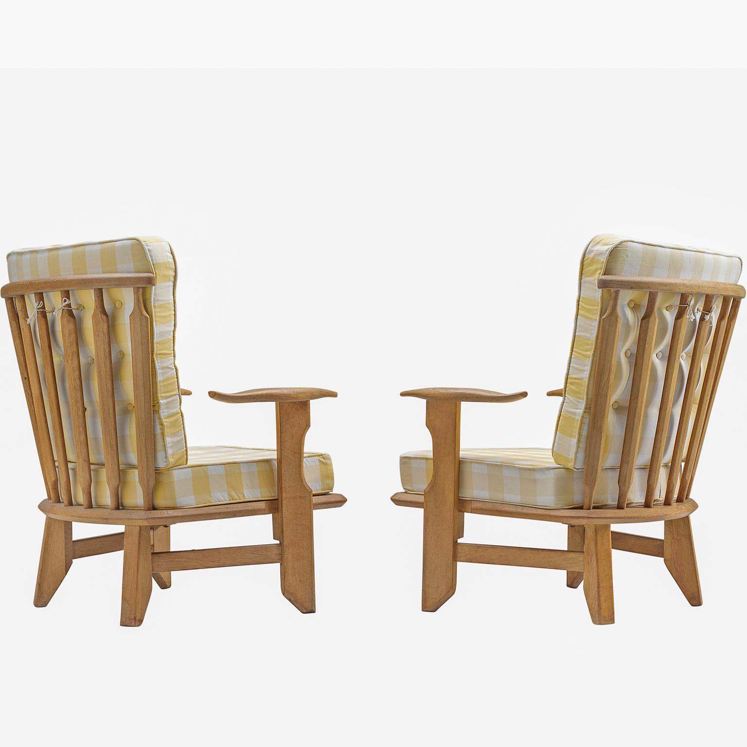 Mid-20th Century Guillerme & Chambron Solid Oak Lounge Chairs with Checked Fabric