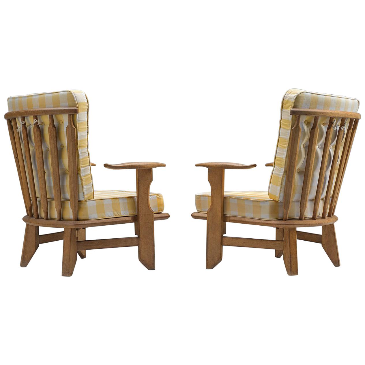 Guillerme & Chambron Solid Oak Lounge Chairs with Checked Fabric