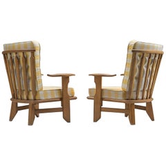 Guillerme & Chambron Solid Oak Lounge Chairs with Checked Fabric