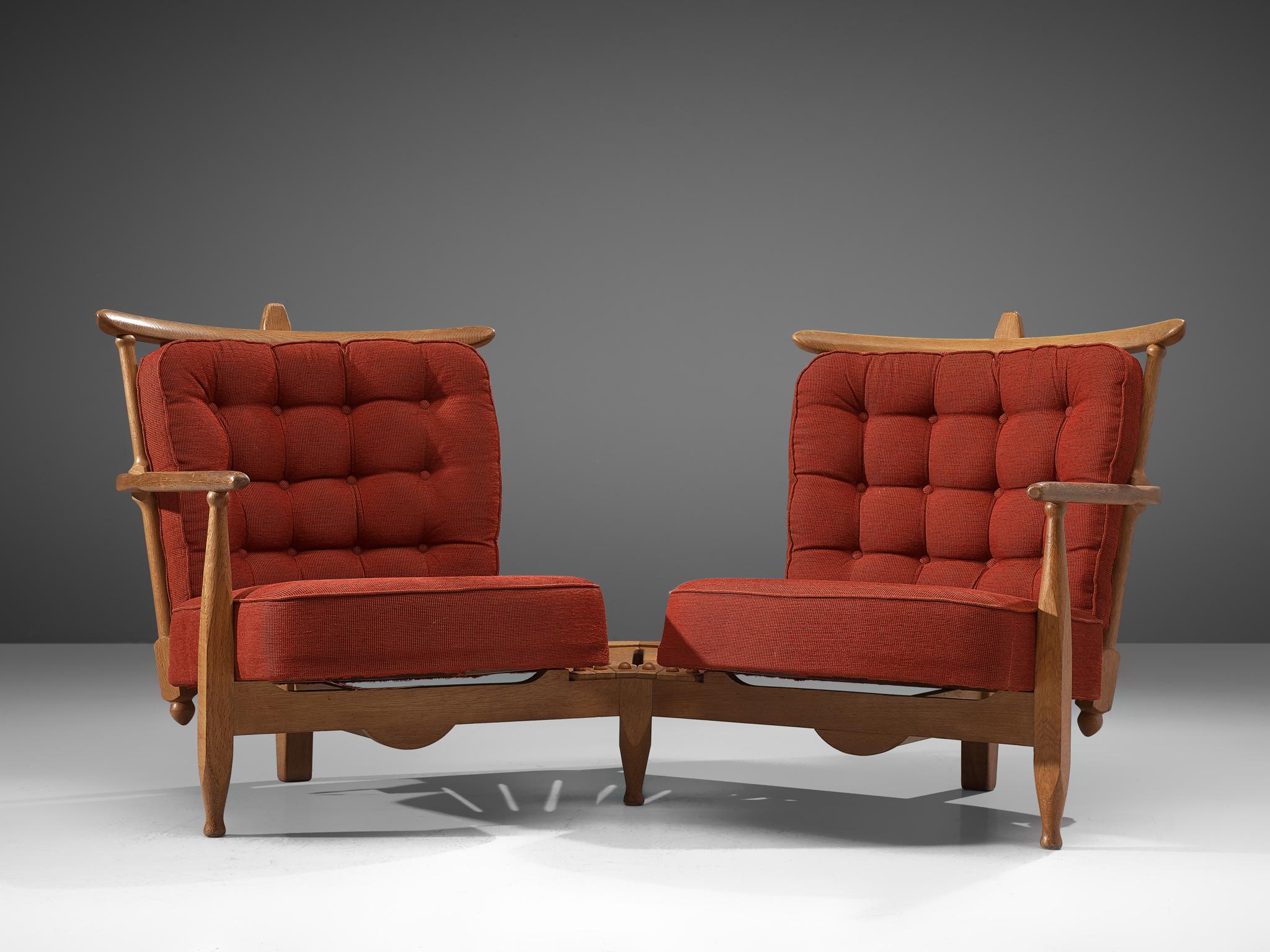 Mid-Century Modern Guillerme & Chambron Solid Oak Lounge Set with Connecting Table