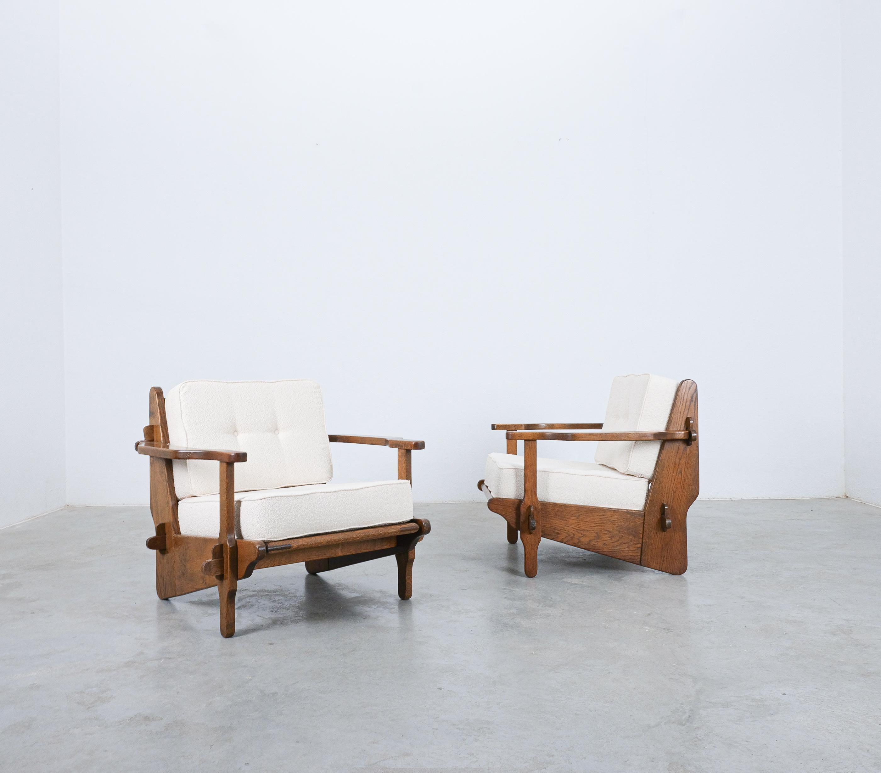 Guillerme Chambron Style Oak Armchairs Creme Bouclé, France 1950 For Sale 5