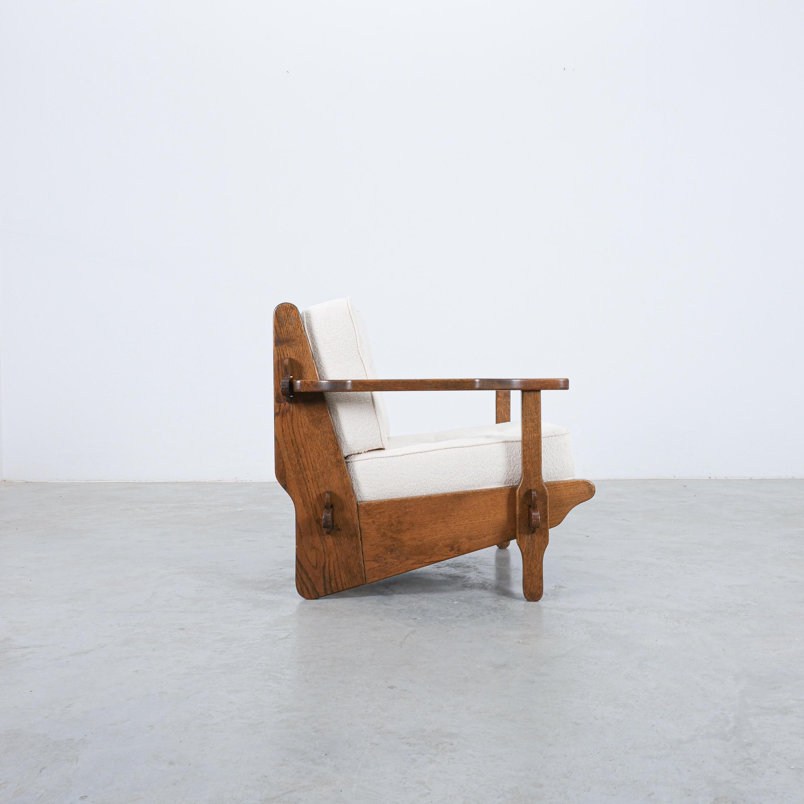 Guillerme Chambron Style Oak Armchairs Creme Bouclé, France 1950 For Sale 6