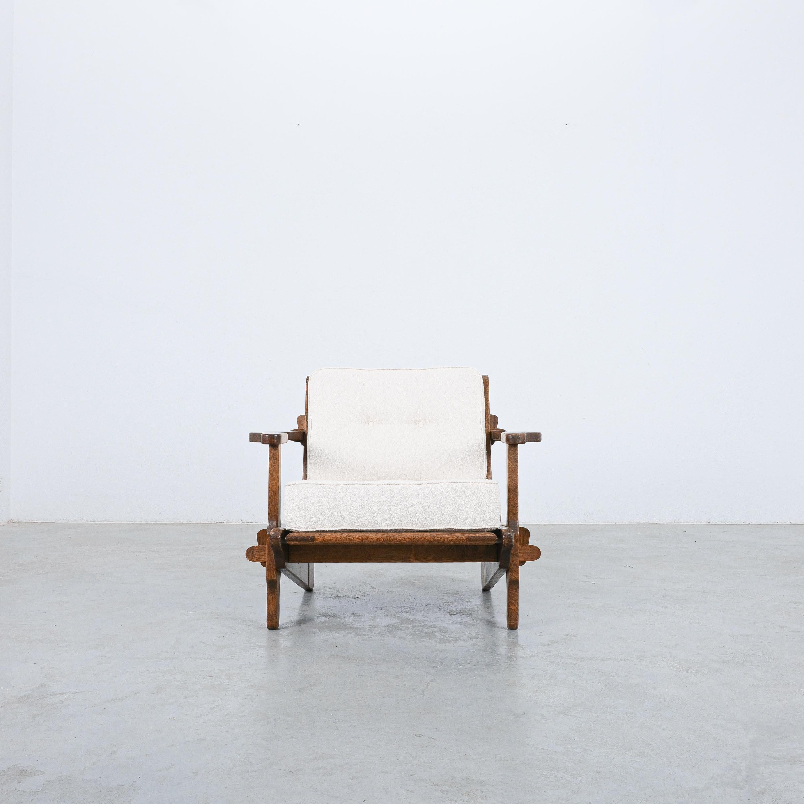 Guillerme Chambron Style Oak Armchairs Creme Bouclé, France 1950 For Sale 7