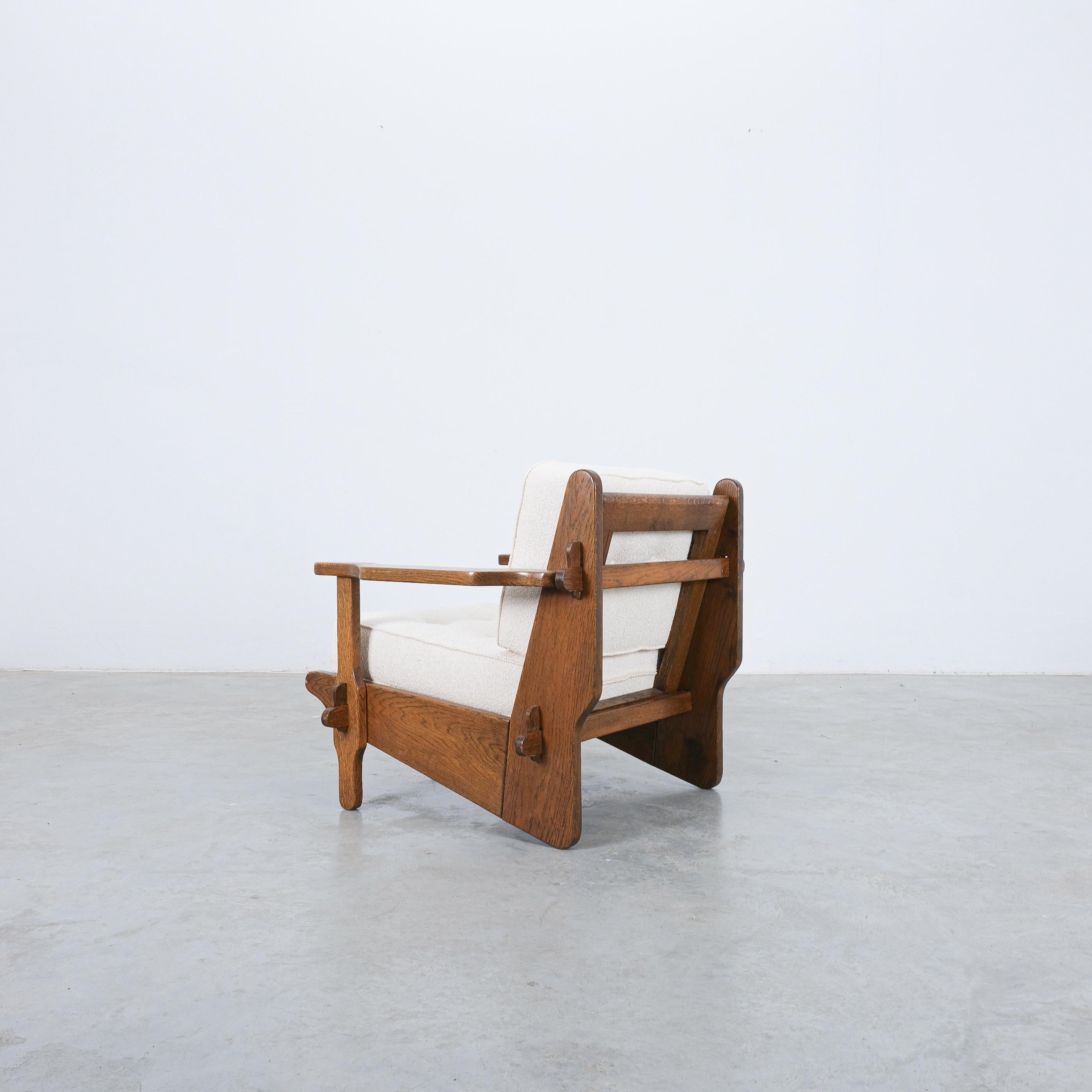 Guillerme Chambron Style Oak Armchairs Creme Bouclé, France 1950 For Sale 8