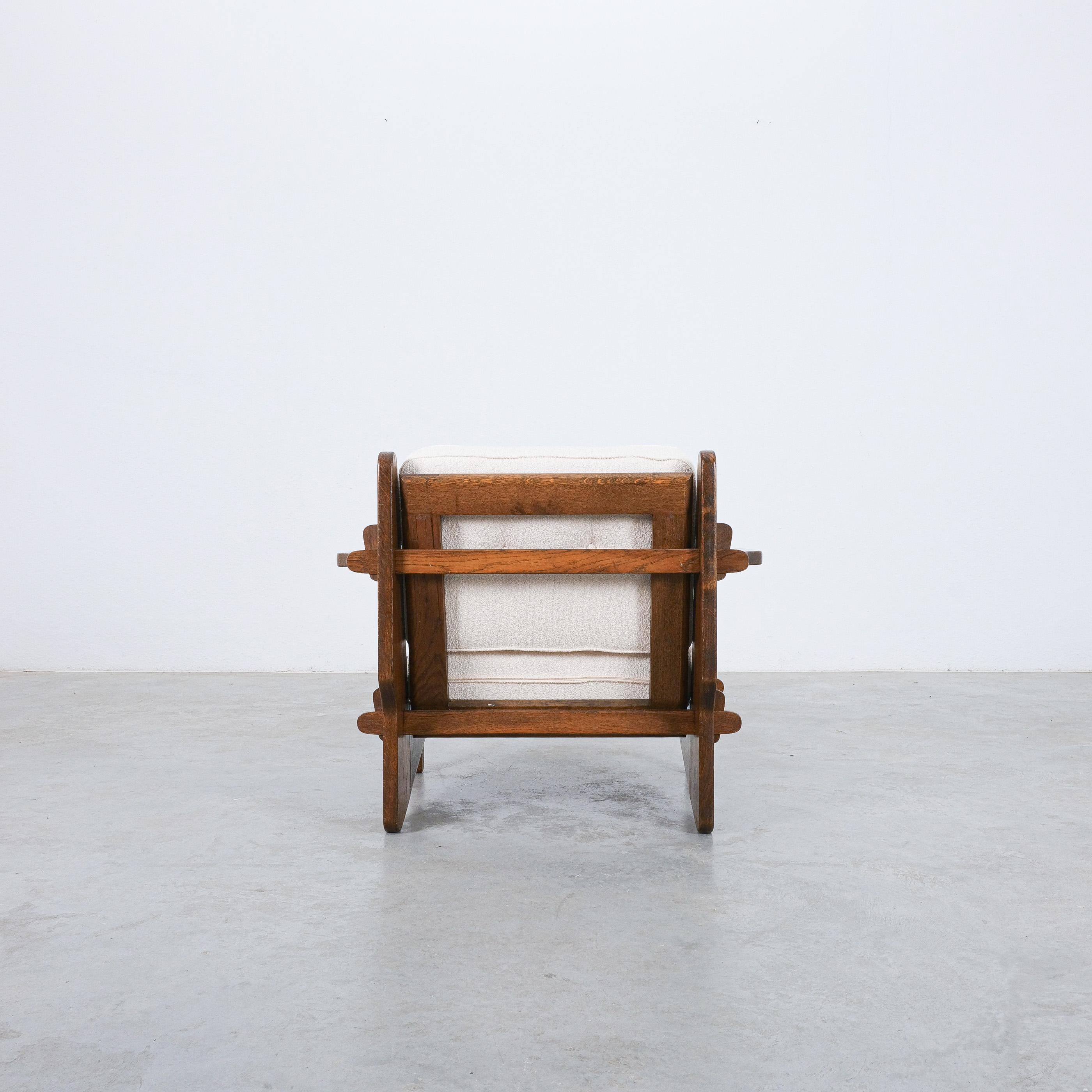 Guillerme Chambron Style Oak Armchairs Creme Bouclé, France 1950 For Sale 9
