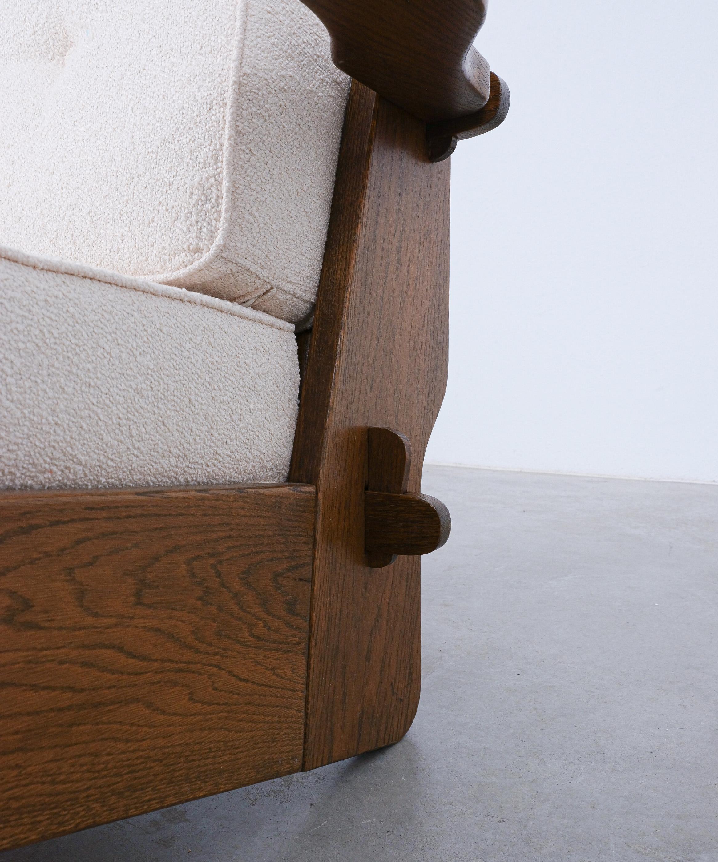 Guillerme Chambron Style Oak Armchairs Creme Bouclé, France 1950 For Sale 11