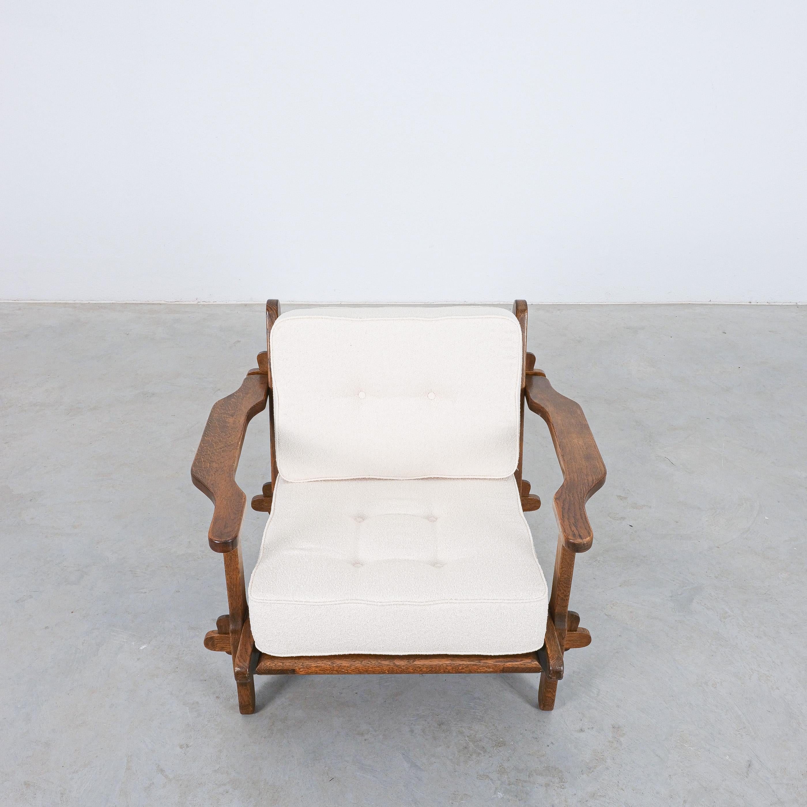Guillerme Chambron Style Oak Armchairs Creme Bouclé, France 1950 For Sale 12