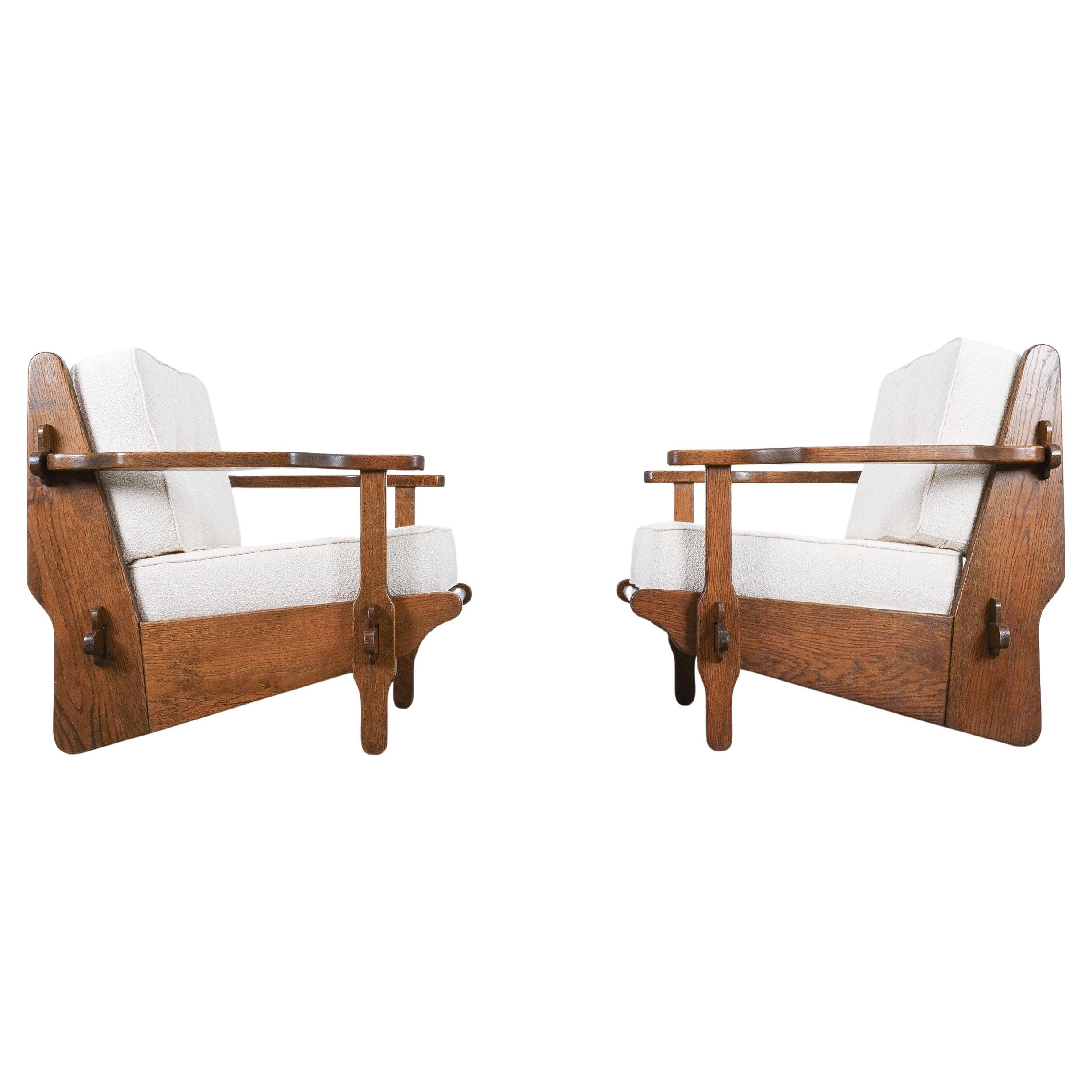 Mid-Century Modern Guillerme Chambron Style Oak Armchairs Creme Bouclé, France 1950 For Sale
