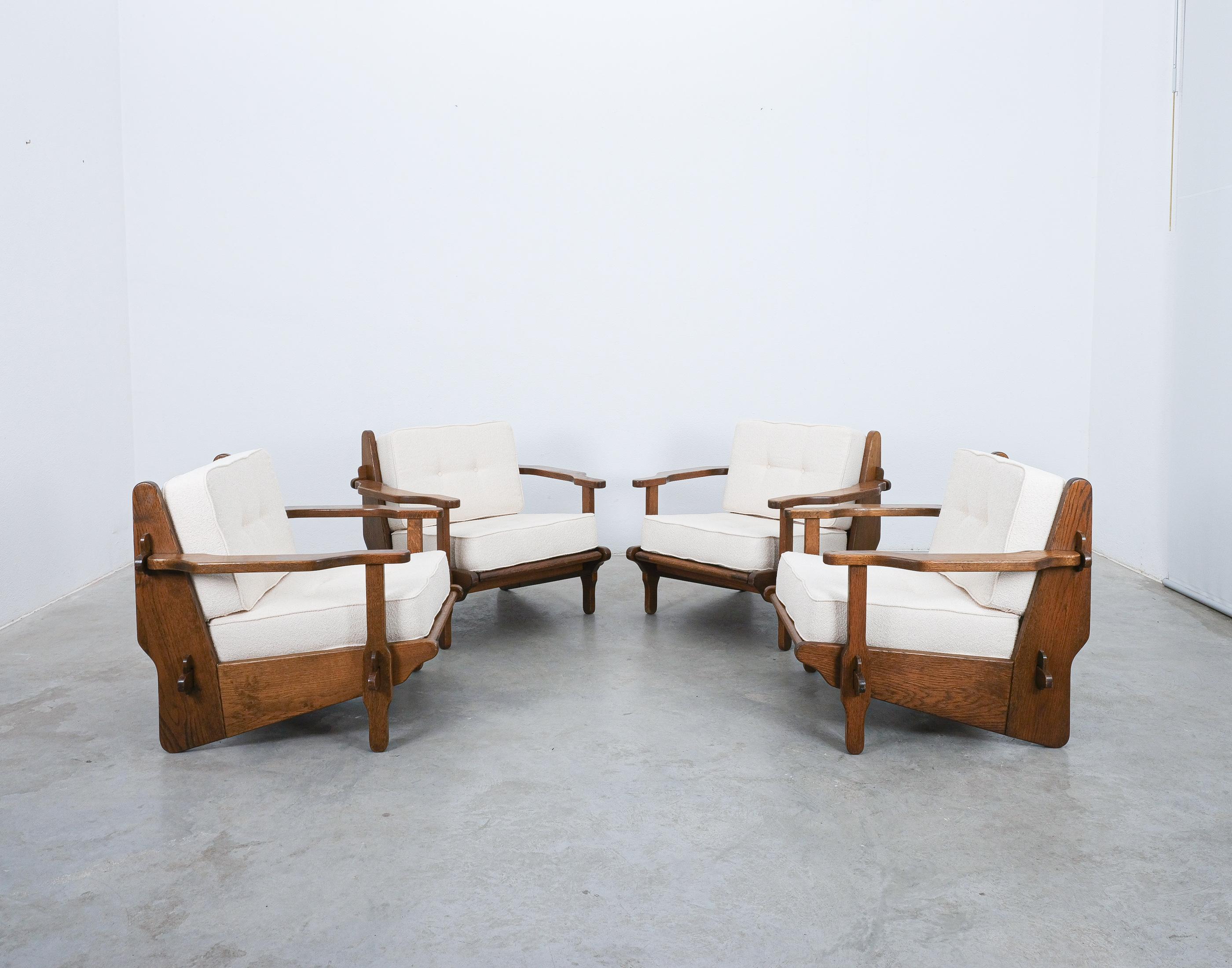 French Guillerme Chambron Style Oak Armchairs Creme Bouclé, France 1950 For Sale