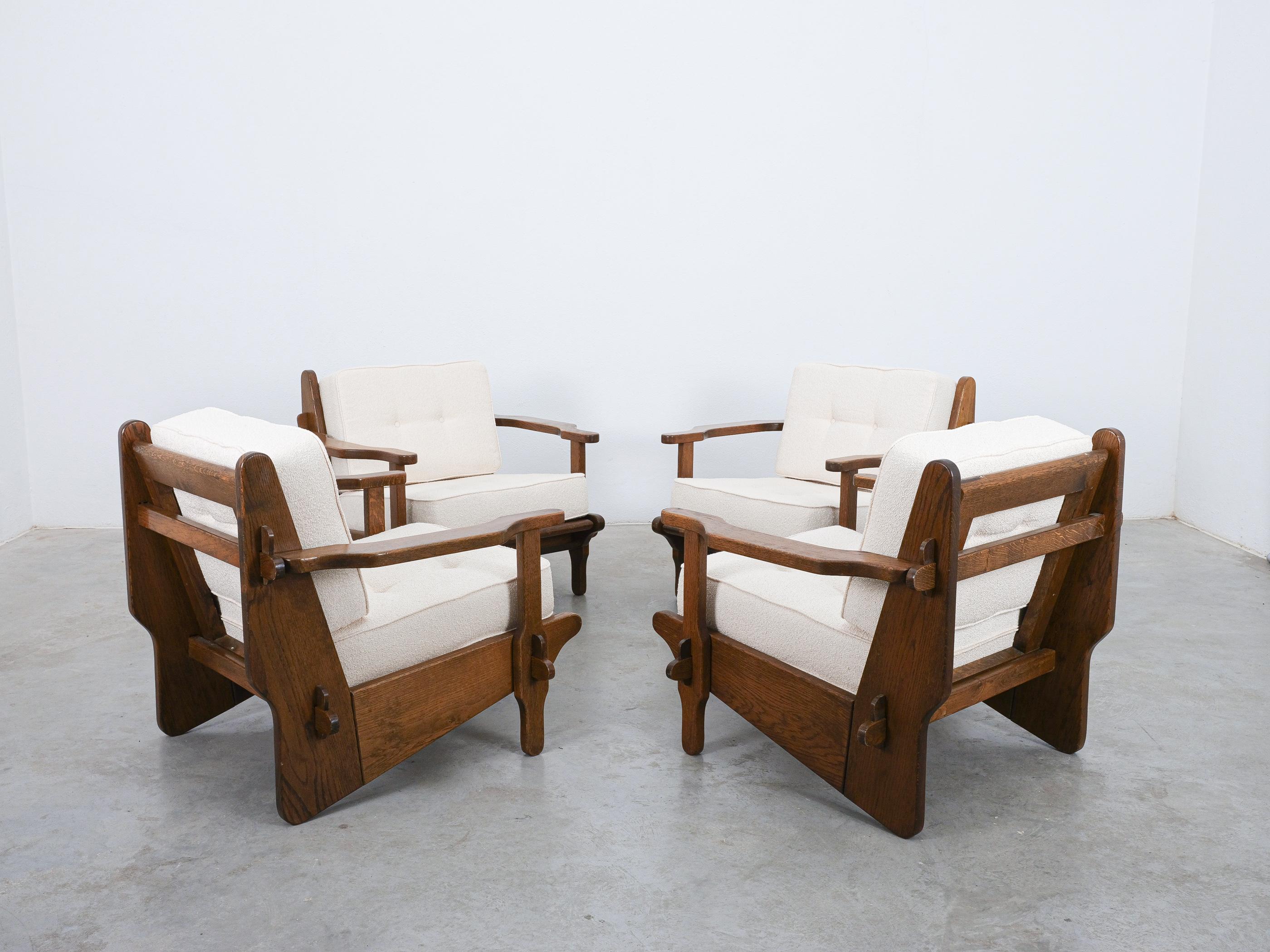 Fabric Guillerme Chambron Style Oak Armchairs Creme Bouclé, France 1950 For Sale