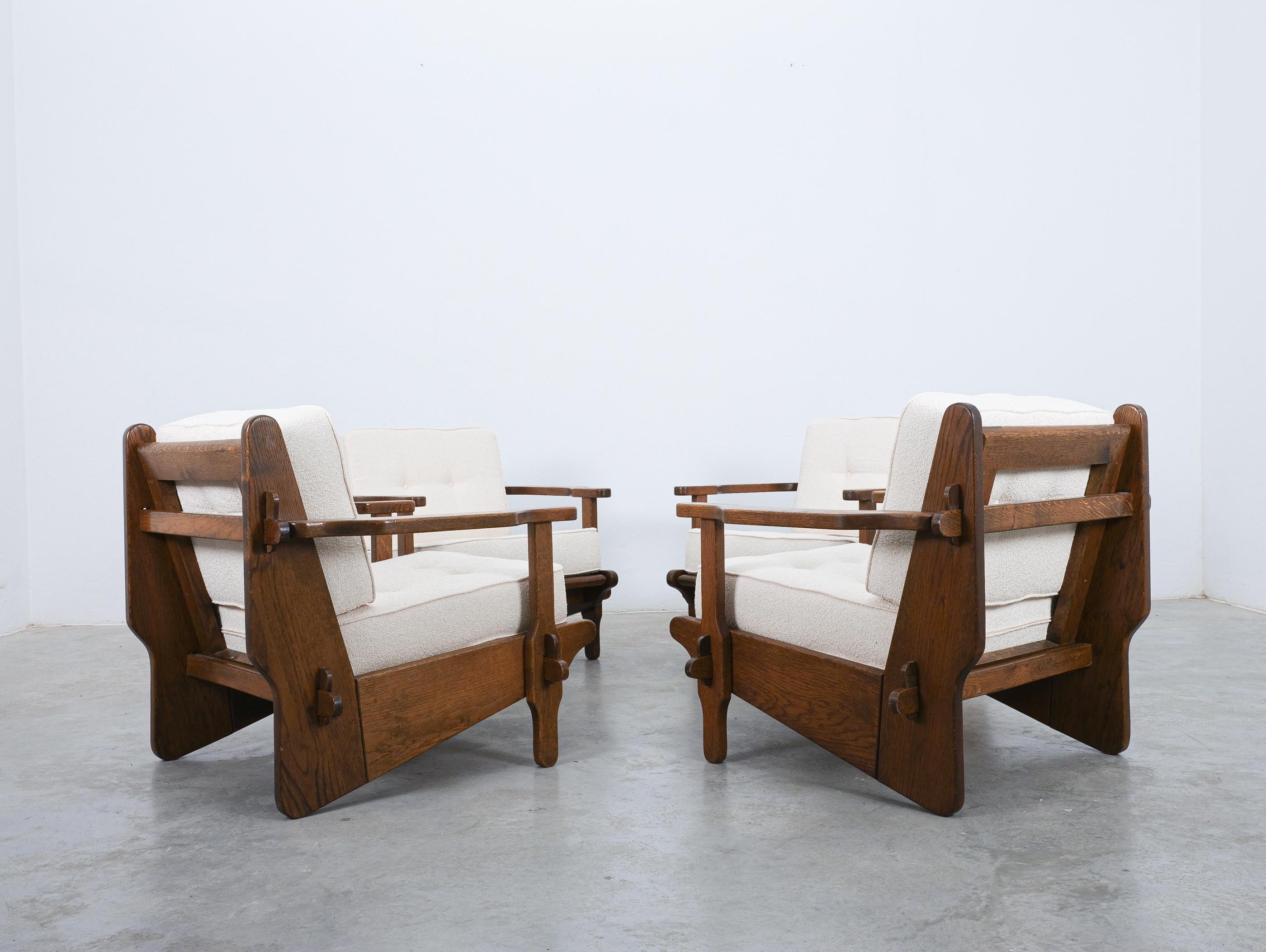 Guillerme Chambron Style Oak Armchairs Creme Bouclé, France 1950 For Sale 1