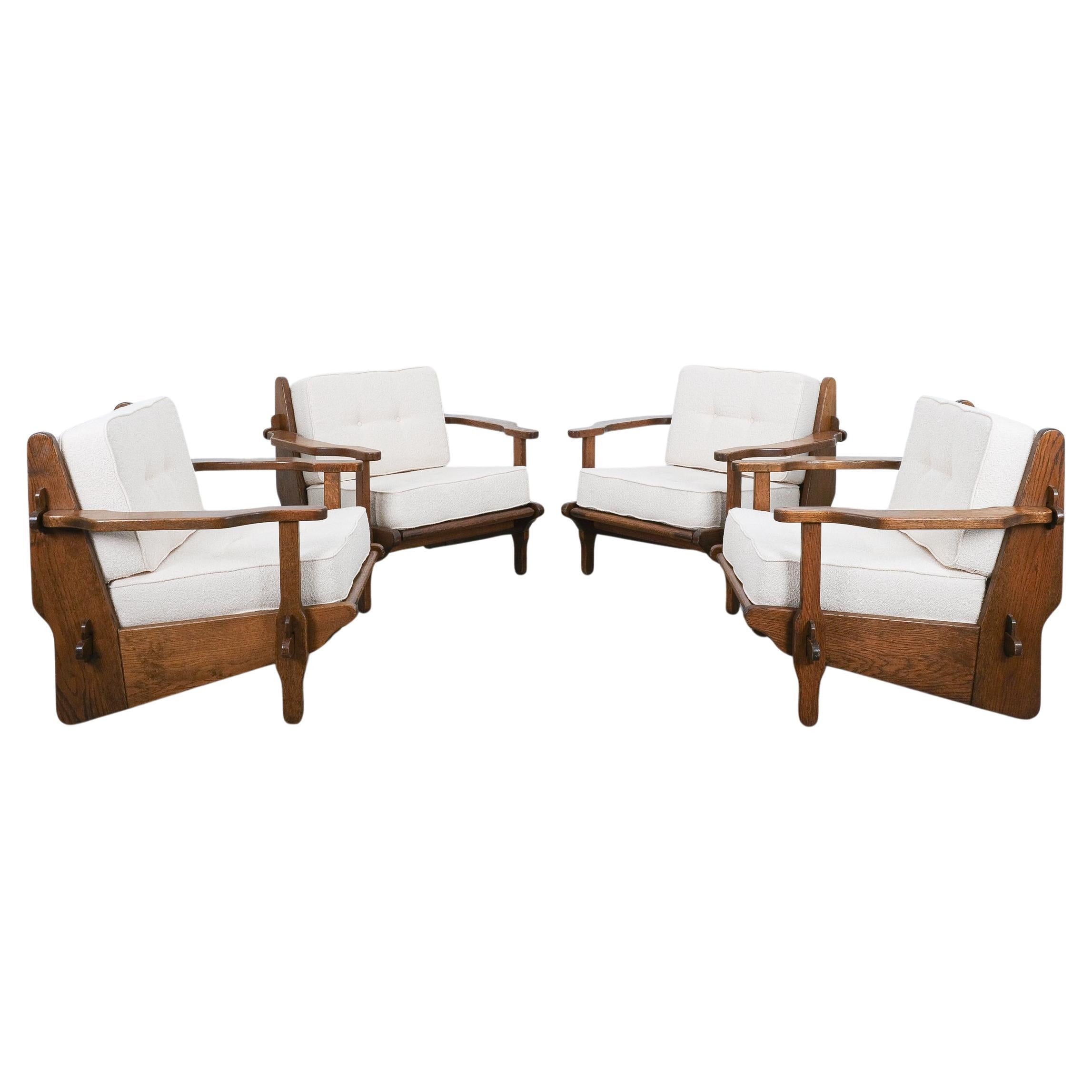 Guillerme Chambron Style Oak Armchairs Creme Bouclé, France 1950