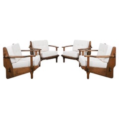 Guillerme Chambron Style Oak Armchairs Creme Bouclé, France 1950