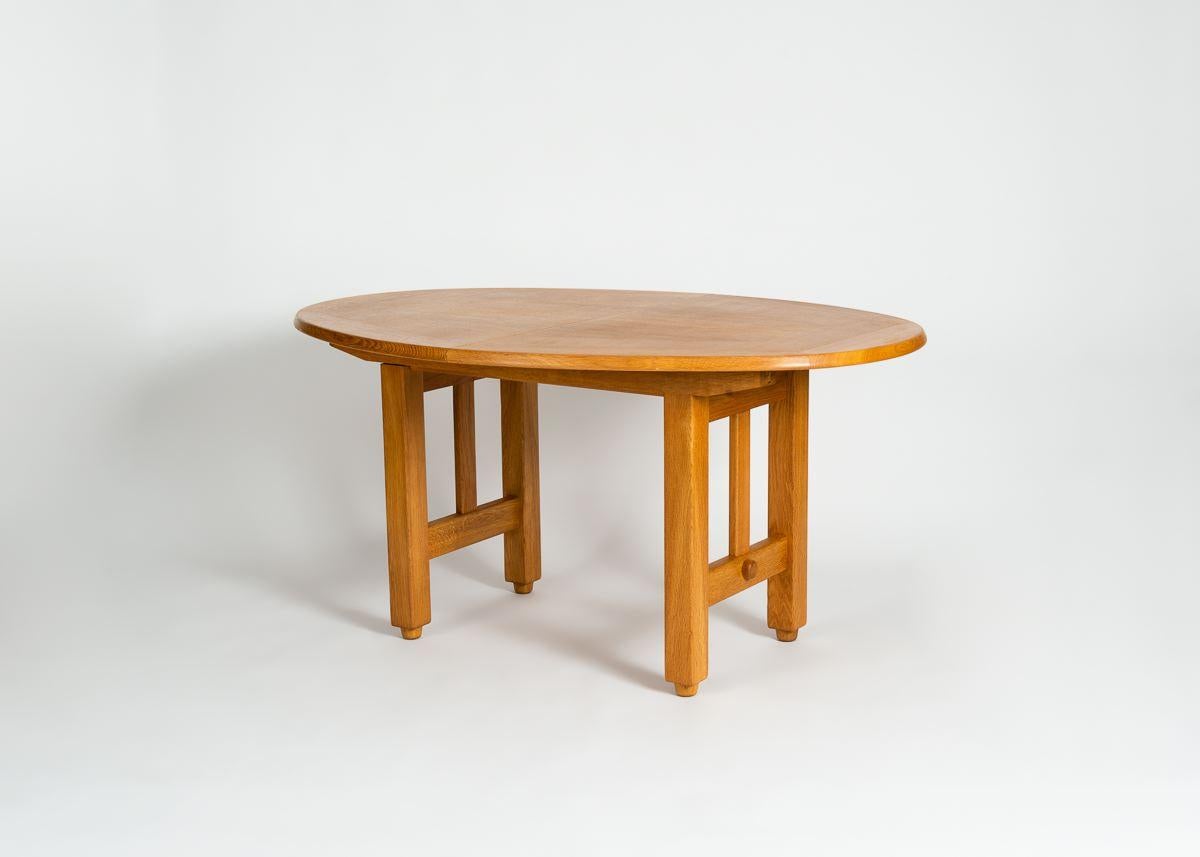 Polished Guillerme & Chambron, Table Ovale de Salle, Dining Table in Oak For Sale