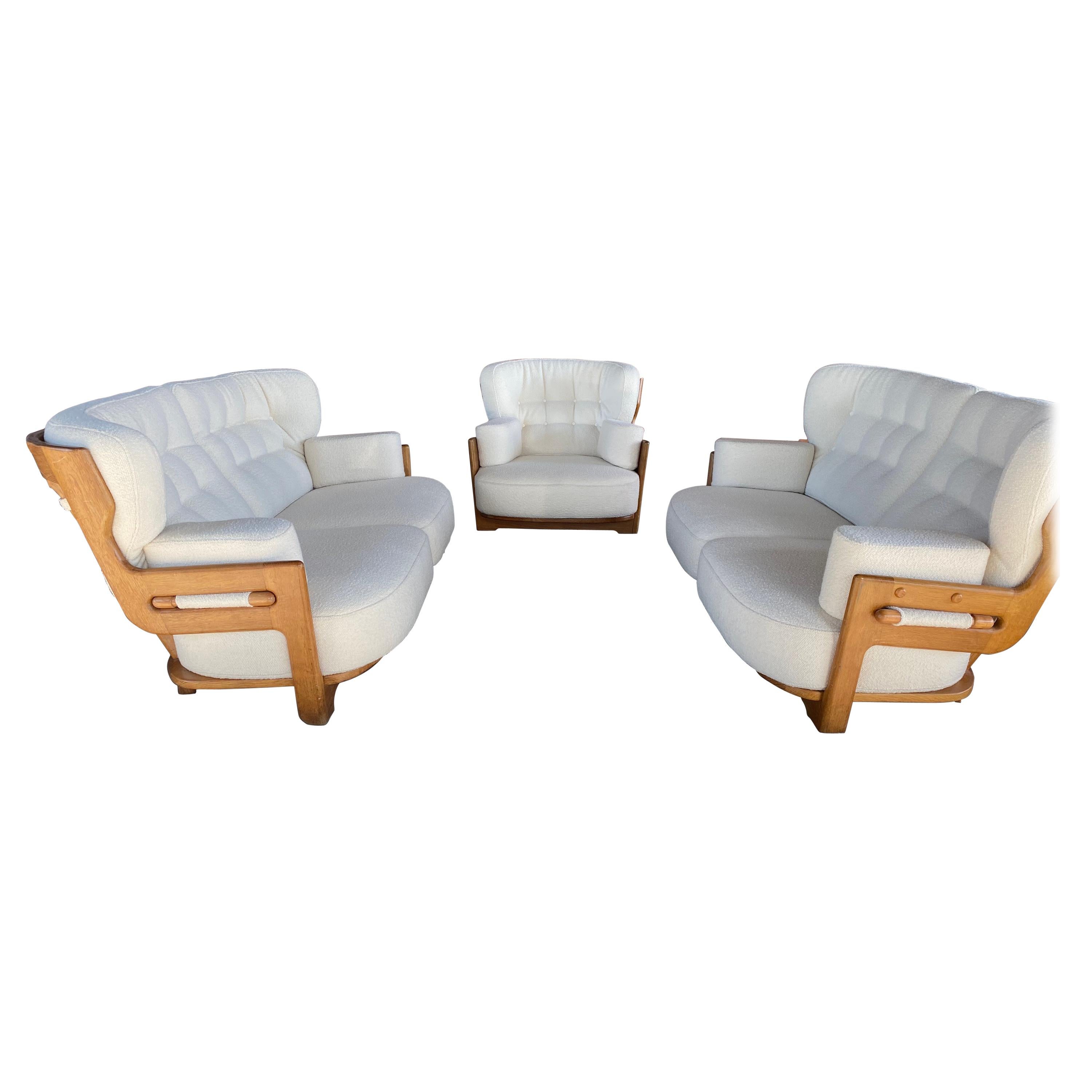 Guillerme & Chambron, Votre Maison, Sofas & Lounge Chair, Fabric and Oak, 1960s For Sale
