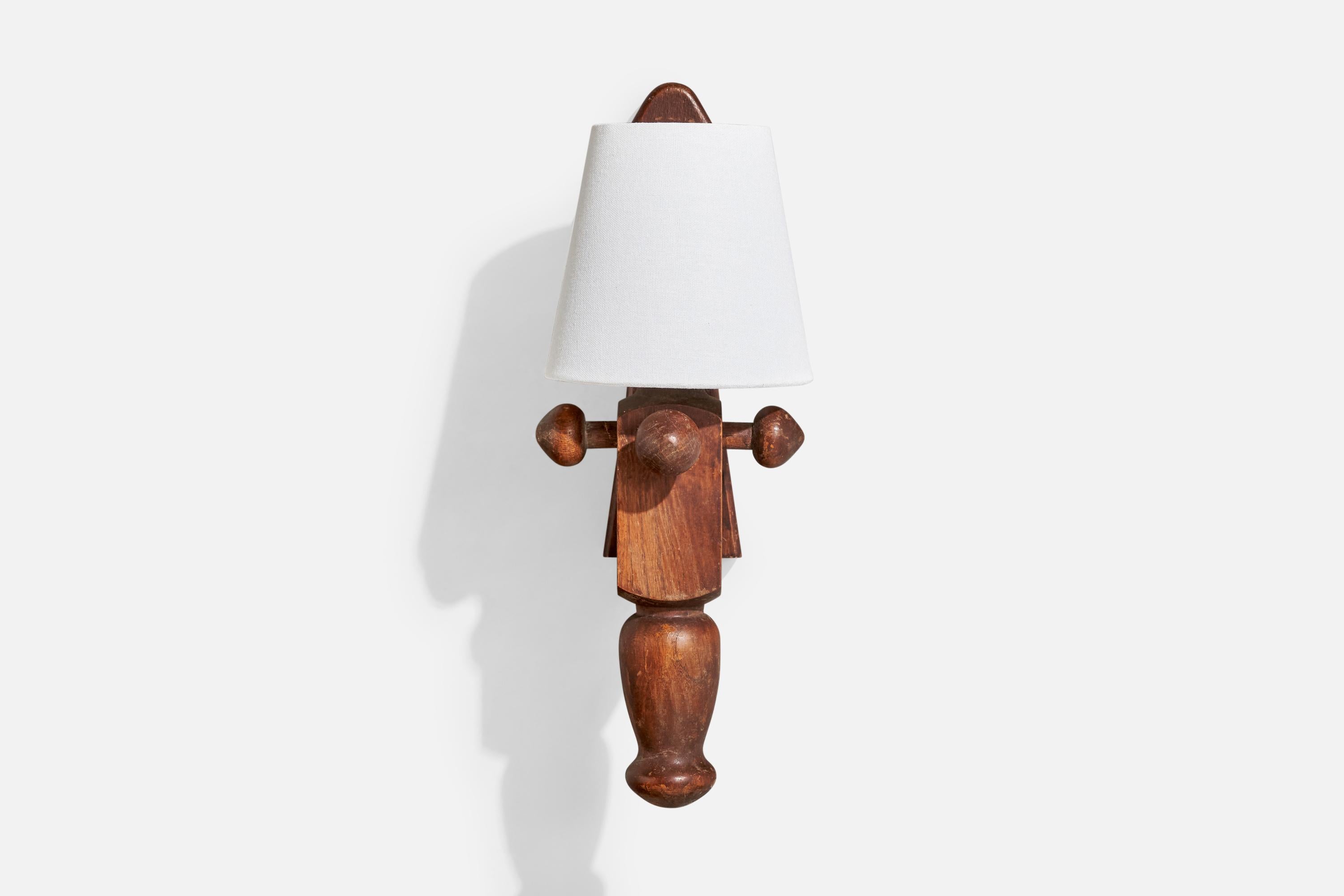 French Guillerme & Chambron, Wall Light, Oak, Fabric, France, 1960s For Sale