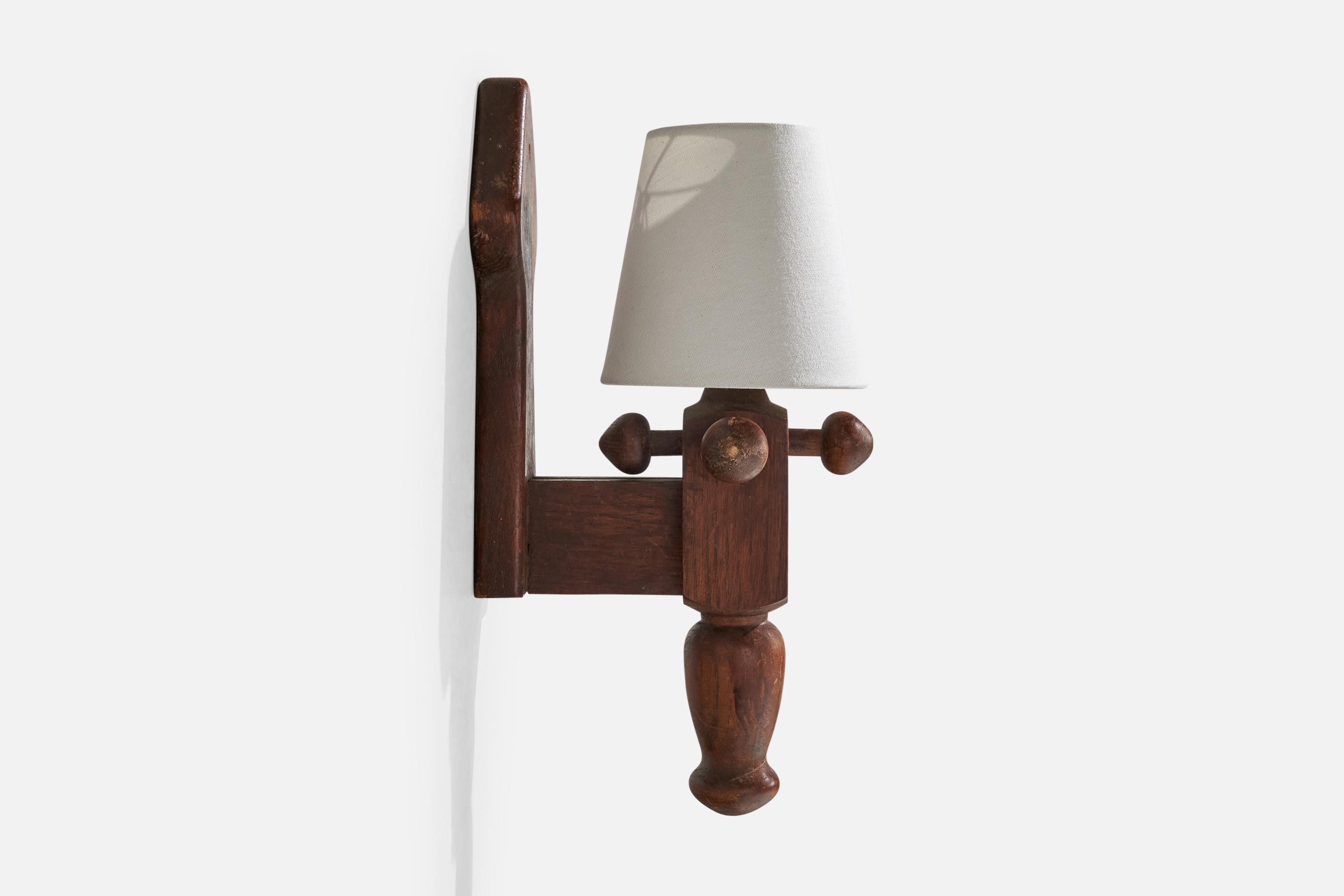 Guillerme & Chambron, Wall Light, Oak, Fabric, France, 1960s In Good Condition For Sale In High Point, NC